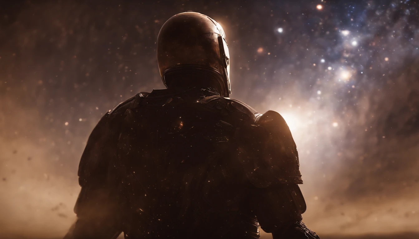 Cosmic titan emerging from nebulae in outer space and rising above the horizon