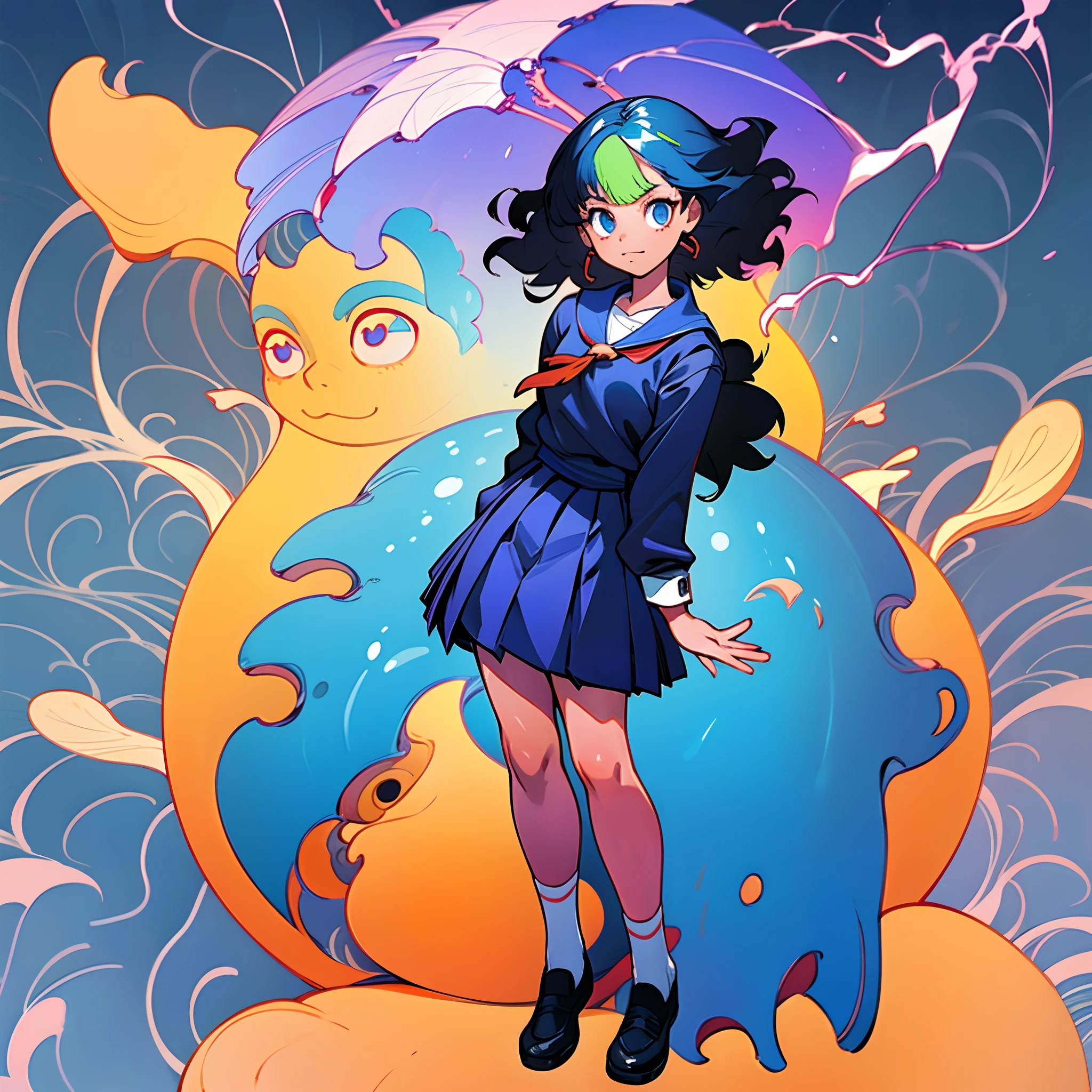 a woman in Korean school uniform outfits, twice, e - girl, official artwork, ue 6, ue6, eve, meme, very cool, very fine artwork, single !!tear!!, very cohesive, very simple, vespertine, (((nffsw))), (((masutepiece))), (((8K))), (((hight resolution))), (((surrealism))), (((Cinematic lighting))), god rays, Zoom Layer, (((FULL BODYSHOT))), F/4.0, canon, Shiny skin,Detailed skin,Detailed face, Detailed eyes, cuteness, dark skin, long curly hair, aesthetic bubblegum, youthful face, K-pop style school uniform full body, solid background, Concept art, standing figure painting, short skirt, knee high socks