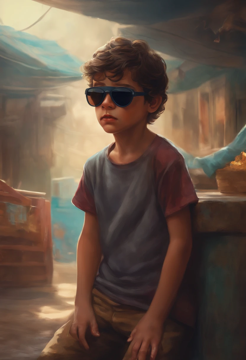one lonely boy ,in face he is so panic, wearing mask, wearing a decent sunglasses, but inside of him his crying ,but the observer can see it but the boy is trying to hide it from the observers ,the boy is also weaing a decent t shirt,