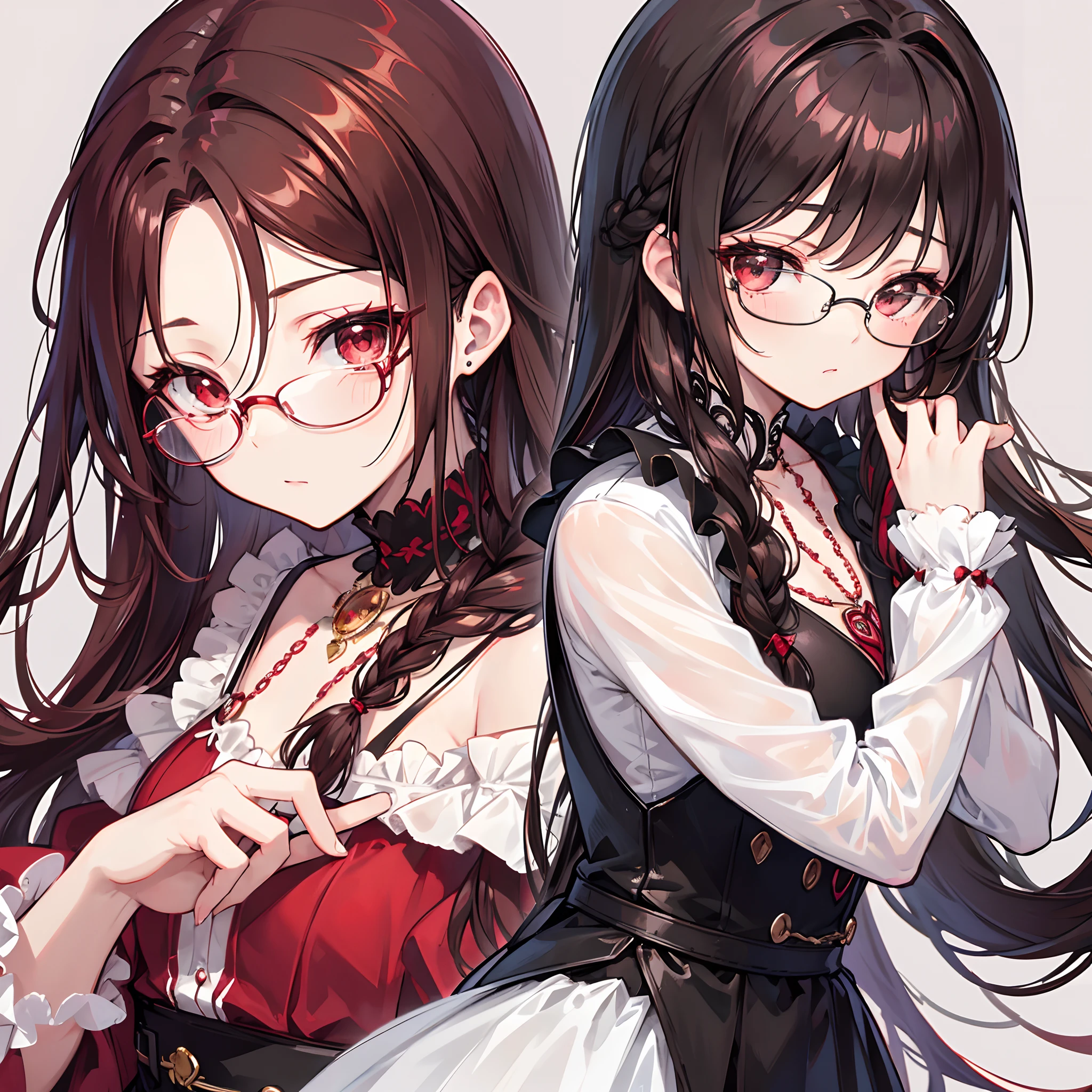 Reddish brown braided hair,With thick black-framed glasses,The eyes are very affectionate,With a cute black ring necklace,Lolita clothes in brown and red colors,The face is shiny and super tender,is a ite cute liteet girl