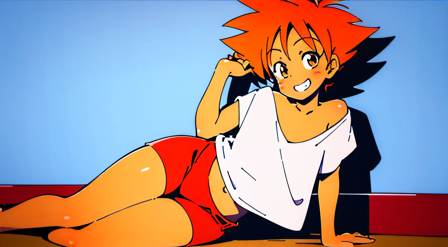 beautiful, masterpiece, simple background, best quality, Edward, tomboy, tan skin, orange hair, spiked hair, brown eyes, goggles on head, midriff, white shirt, loose shirt, off shoulder, barefoot, bike shorts, detailled image, colorfull, vibrant colors, simple background, detailed face, perfect lighting, pefect shadows, perfect eyes, perfect hands, perfect hair, pefect face, grin, solo, center focus, looking at viewer, navel, IvanFloro, small body, sitting on a couch, eyes half open, both hands behind her head