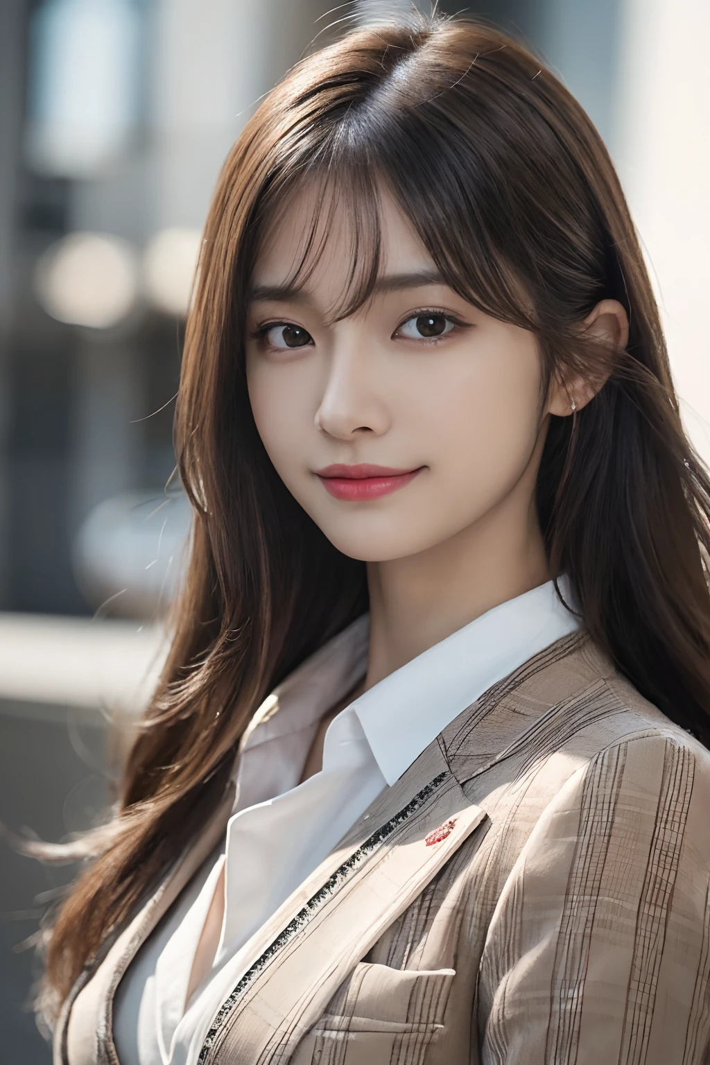 masutepiece, Best Quality, Photorealistic, Ultra-detailed, finely detail, High resolution, 8K Wallpaper, 1 beautiful woman,, light brown messy hair, in a business suit, foco nítido, Perfect dynamic composition, Beautiful detailed eyes, detailed hairs, Detailed realistic skin texture, Smiling, Close-up portrait, Model body type