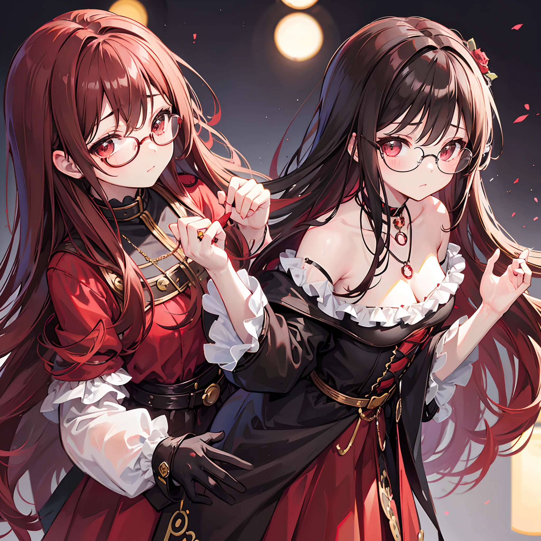 Reddish brown braided hair，With thick black-framed glasses，The eyes are very affectionate，With a cute black ring necklace，Lolita clothes in brown and red colors，The face is shiny and super tender，is a ite cute liteet girl