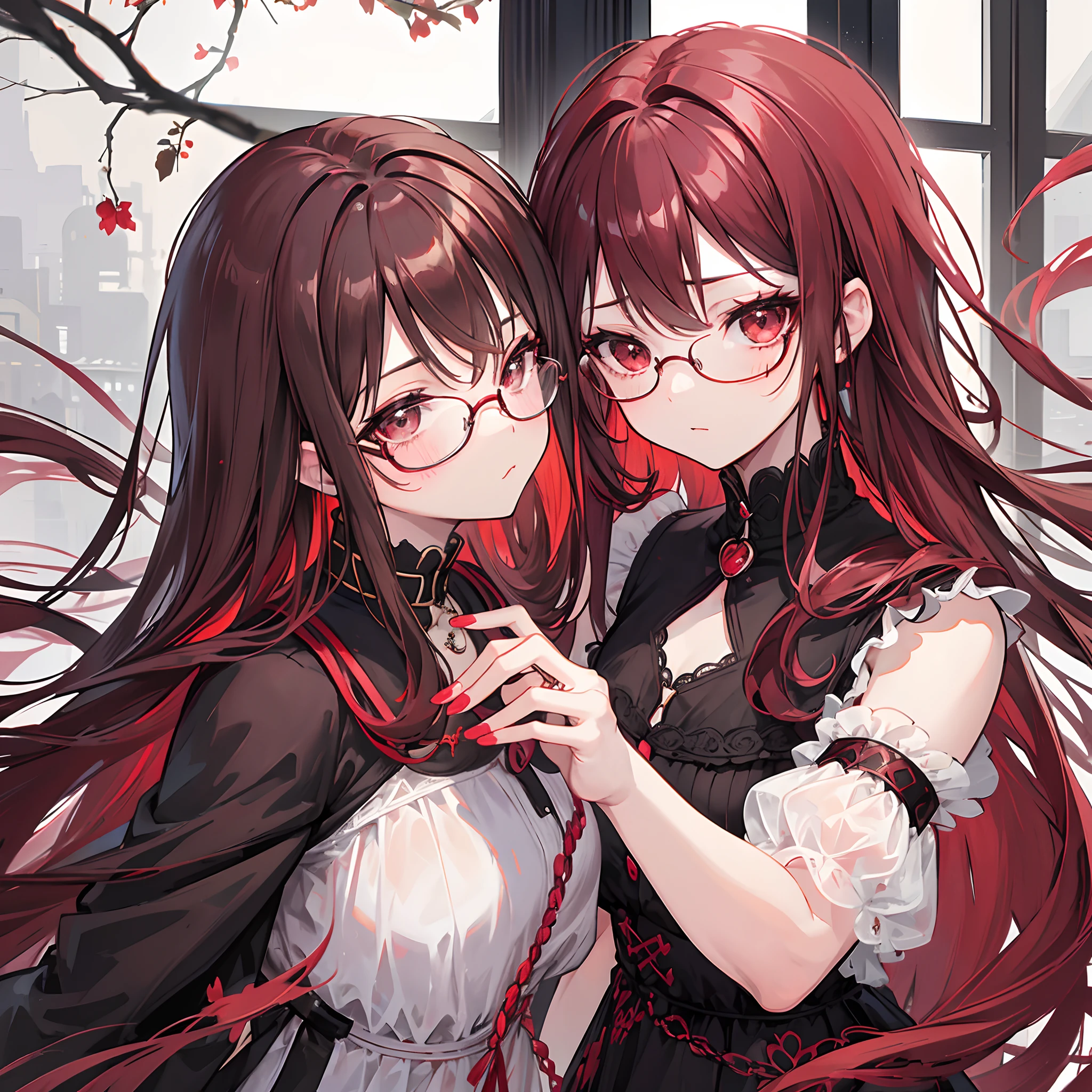 Reddish brown braided hair,With thick black-framed glasses,The eyes are very affectionate,With a cute black ring necklace,ta clothes in brown and red colors,The face is shiny and super tender,is a petite cute little sweet girl