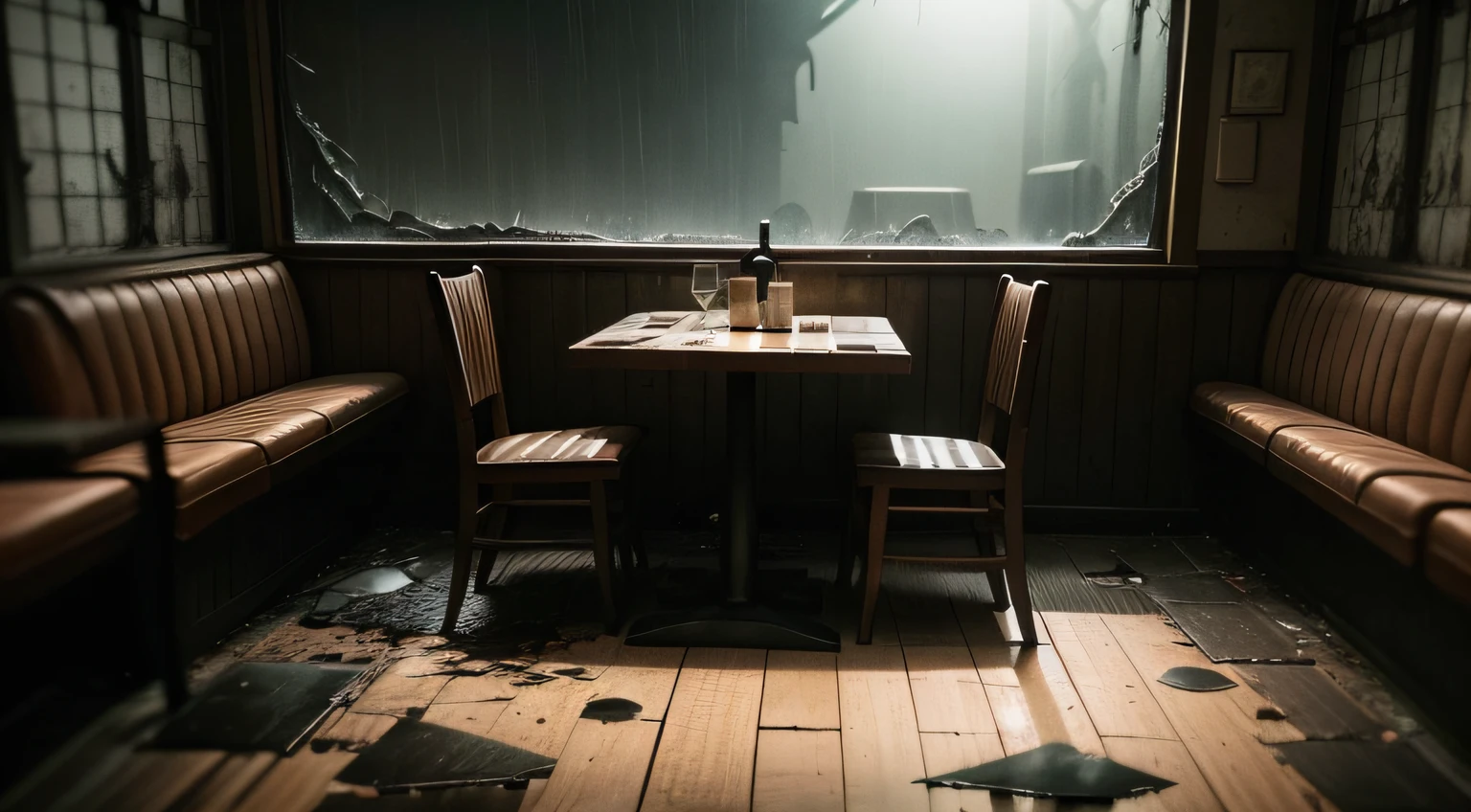 A dimly lit, rustic restaurant stands isolated along a desolate roadside. The exterior is weathered and overgrown, hinting at years of neglect. The windows, though smudged, reveal nothing of the mysteries within.
Inside, the scene is bathed in a cold, eerie light. Tattered checkered flooring leads to a worn, empty booth. The menu, aged and cracked, sits on the table, offering a limited selection.
The main focus is on a lone figure, their back turned to the camera, sitting in the booth, their posture tense and uneasy. A sense of foreboding hangs heavy in the air.
Shadows play tricks on the walls, twisting and contorting into shapes that seem almost human. Whispers seem to emanate from every corner, their source impossible to pinpoint.
Outside, the night is stormy, rain cascading down in sheets. The restaurant's neon sign flickers weakly, casting a feeble glow on the surrounding area.
The prompt invites the viewer to imagine the eerie atmosphere of the restaurant, filled with shadows and whispers, creating a perfect setting for a spooky tale.