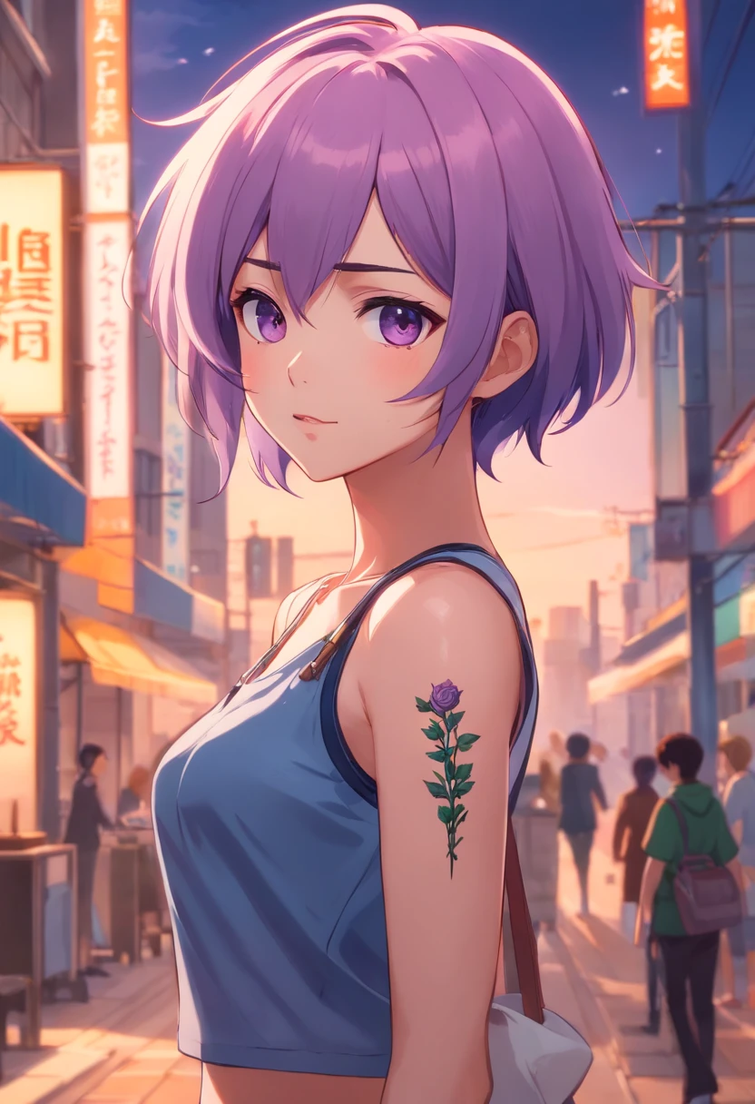 anime girl with a unique and memorable appearance. She has short, spiky lavender hair that gives her a somewhat rebellious look. Her eyes are a captivating shade of amethyst, often sparkling with curiosity. Mei's style is a mix of alternative and gothic fashion, with plenty of leather, dark colors, and punk accessories. She has a small tattoo of a rose on her right forearm., standing, muscular