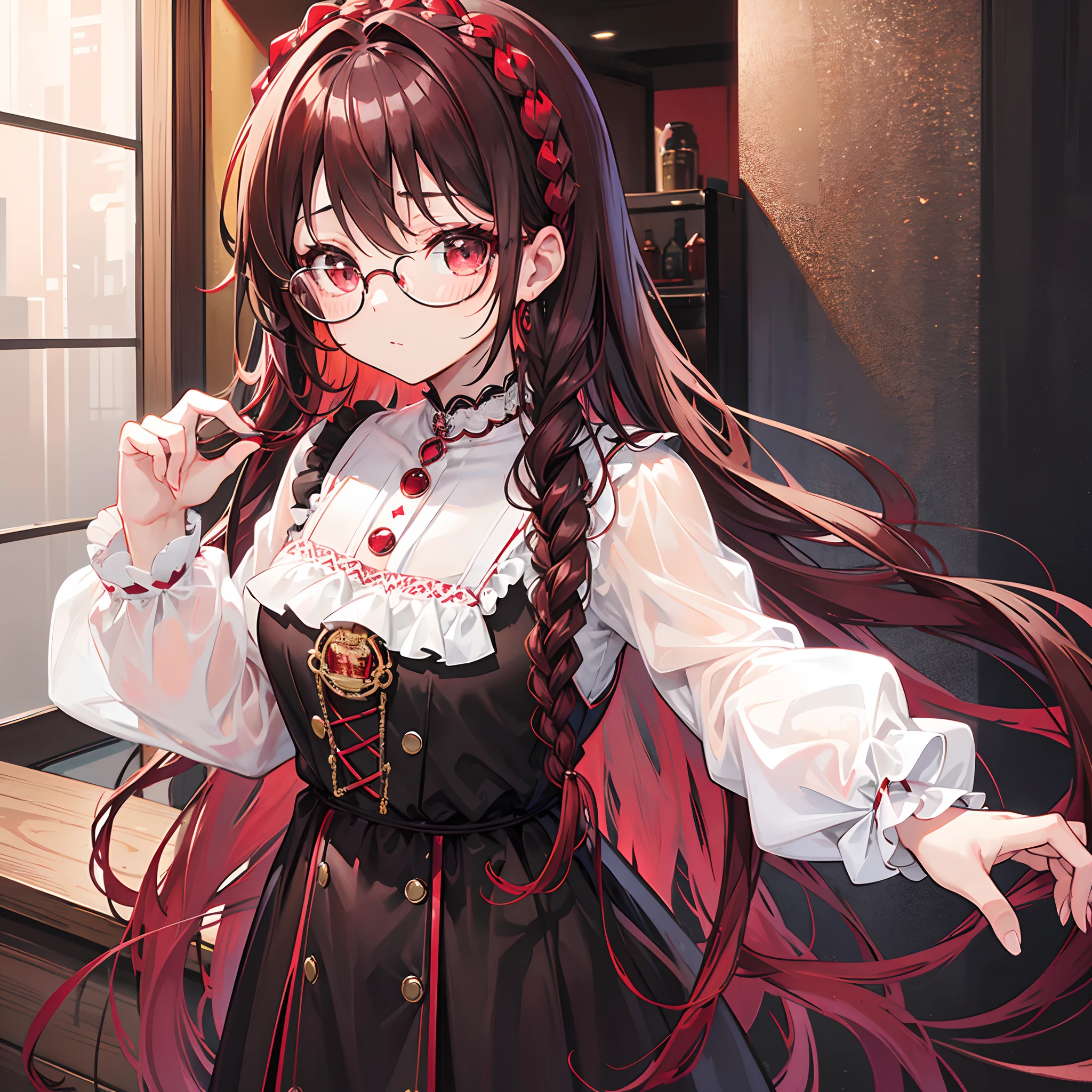Reddish brown braided hair,With thick black-framed glasses,The eyes are very affectionate,With a cute black ring necklace,Lolita clothes in brown and red colors,The face is shiny and super tender,is a petite cute little sweet girl