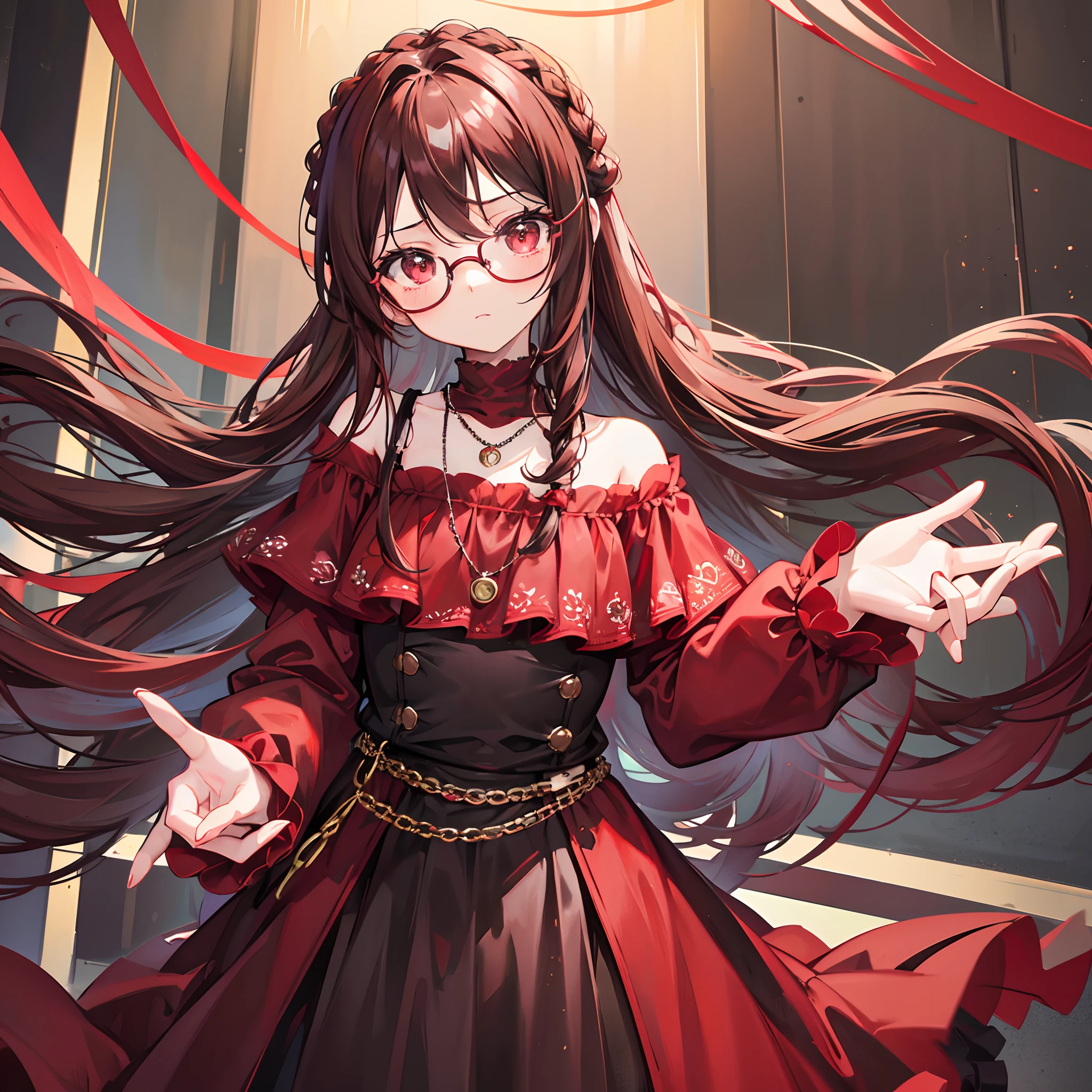 Reddish brown braided hair，With thick black-framed glasses，The eyes are very affectionate，With a cute black ring necklace，Lolita clothes in brown and red colors，The face is shiny and super tender，is a ite cute liteet girl
