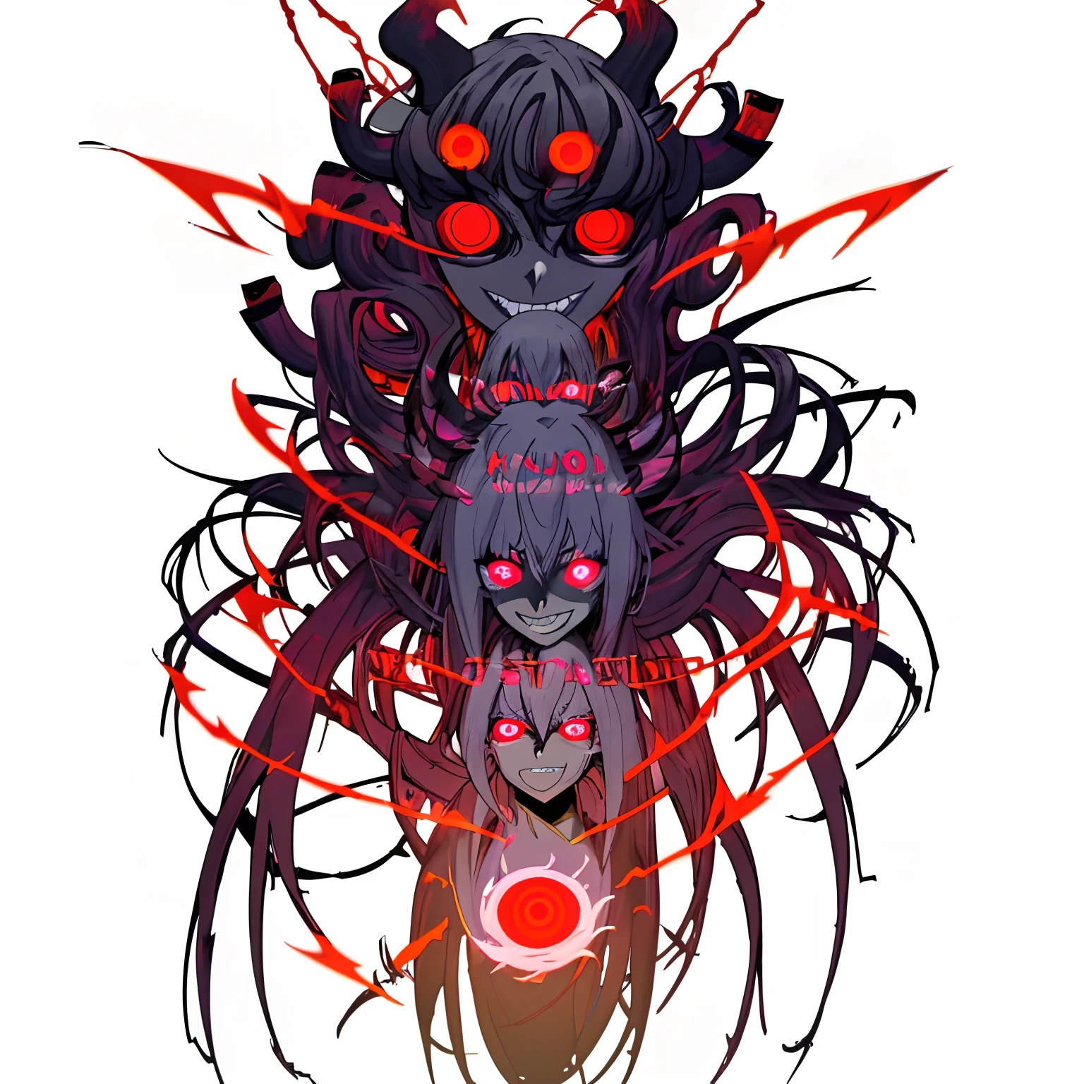 1girl, Kagamine Rin, smile, <lora:Necronomicon-10:1> Necronomicon Sketch, <lora:BloodSkelterStyle-30:0.7>,Blood_Skelter,pink blood, glowing eyes, cthulhu mythos,