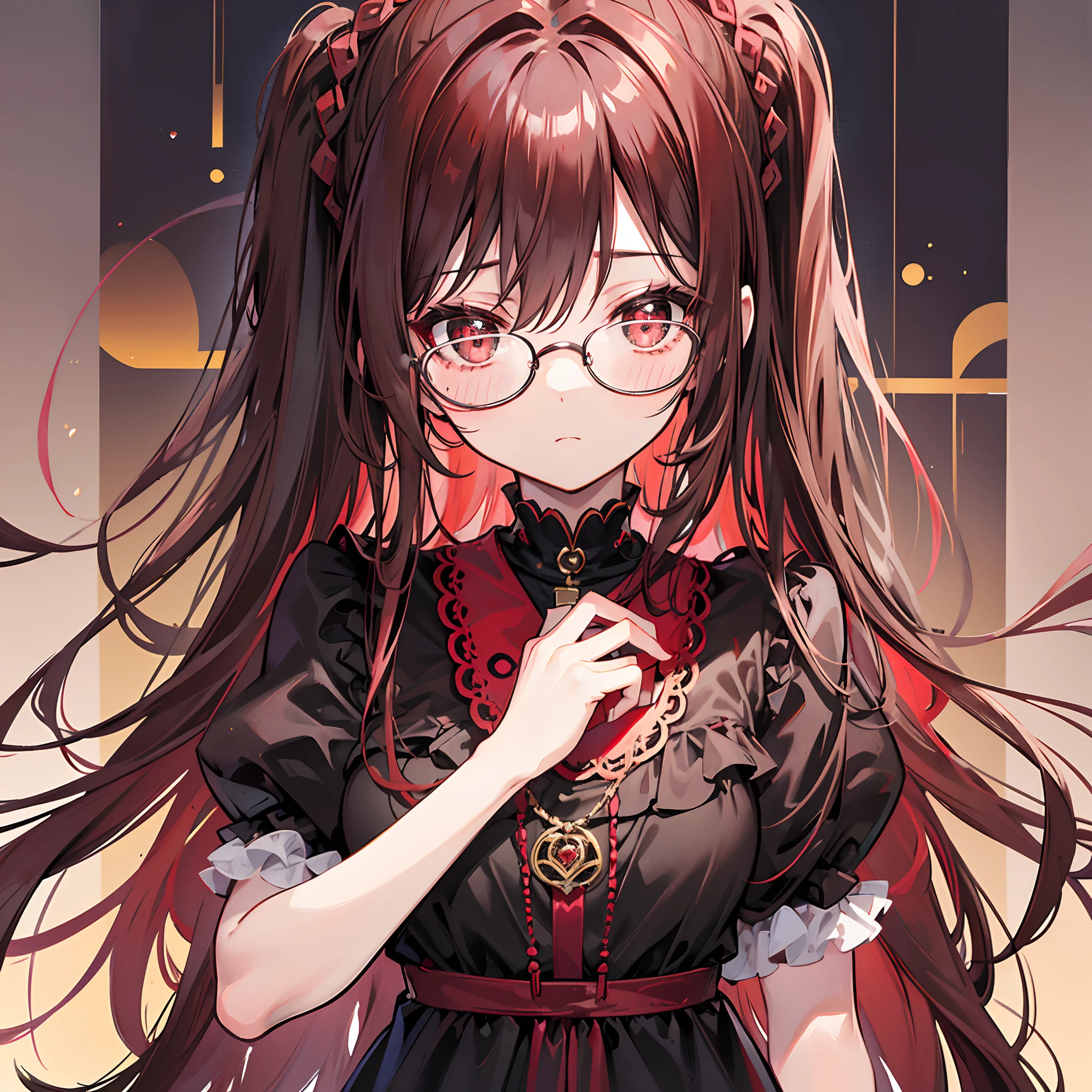 Reddish brown braided hair，With thick black-framed glasses，The eyes are very affectionate，With a cute black ring necklace，Lolita clothes in brown and red colors，The face is shiny and super tender，is a petite cute little sweet girl