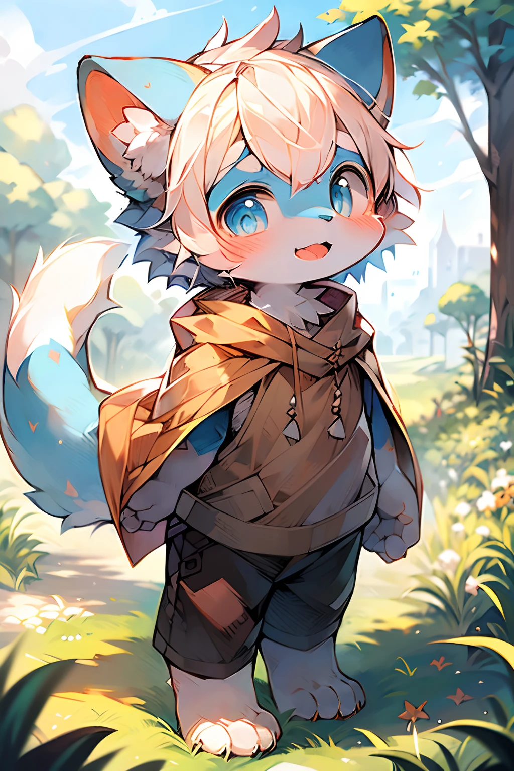 (Bright environment:0.8),Masterpiece,High quality,abstract res,Digital painting\(artwork of a\), by Dagasi,cuihongshi, Yupa,Kiyosan,(anthro,Fluffy fur,Character focus:1.1),anthro male cat,Short hair,Portrait , eyes with brightness, in a panoramic view, Character focus.(detailedbackground:0.7), shaggy, shaggy male, malefocus, anthr,(Full Body Furry, Fluffy tail, Light blue fur, White belly，Deep blue eyes, White color hair:1.2), (long canines、Yellow cape、perspire、drools：1.2），（outside、At noon、grassy fields、on a grassy field：1.1）