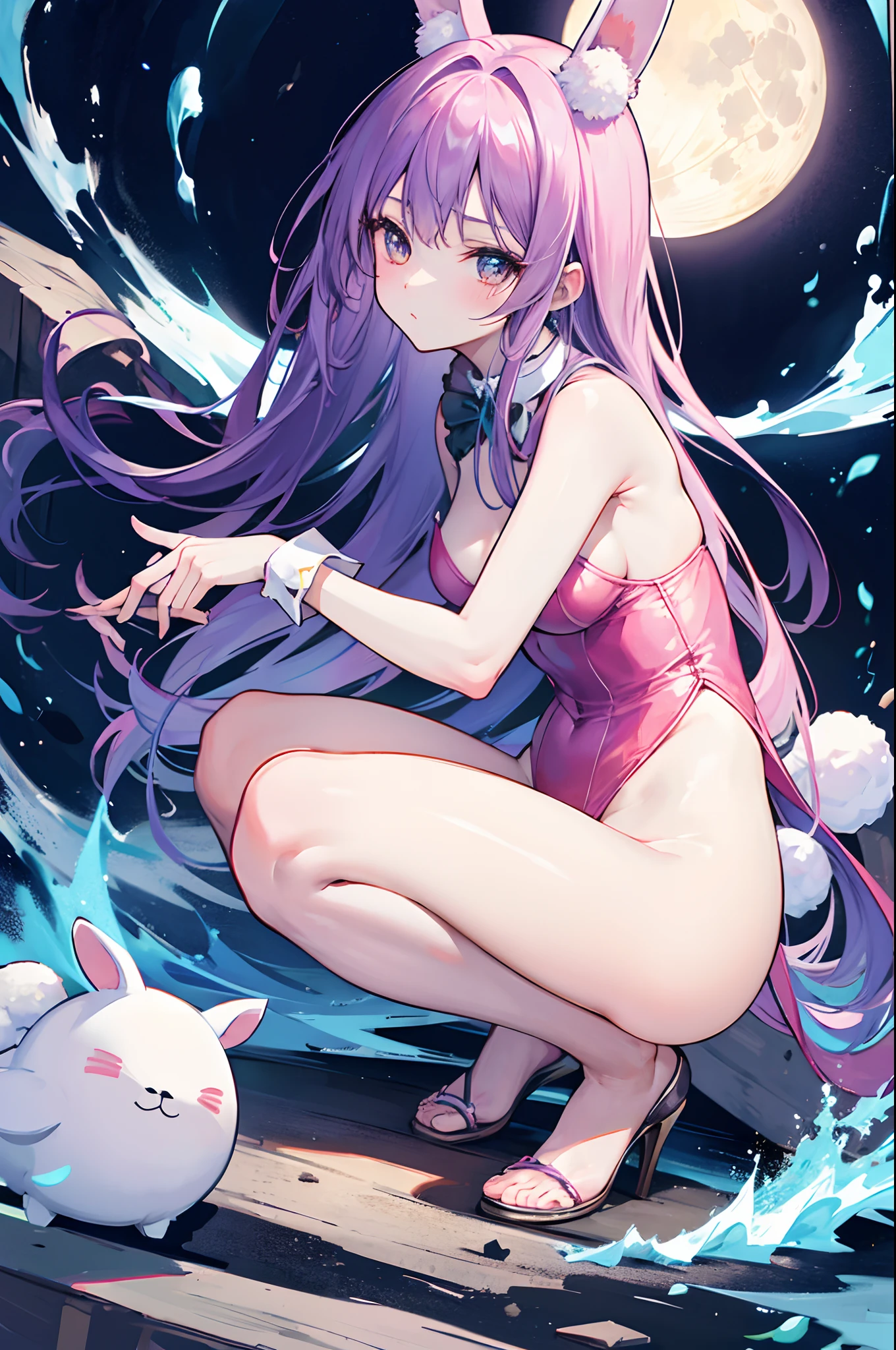 woman.full moon.rabbit stuffed.squat