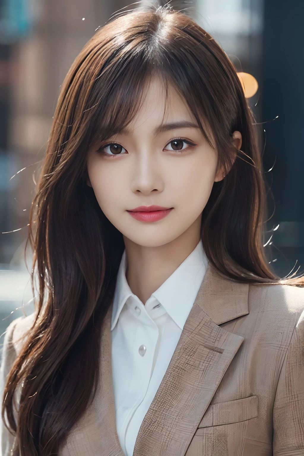 masutepiece, Best Quality, Photorealistic, Ultra-detailed, finely detail, High resolution, 8K Wallpaper, 1 beautiful woman,, light brown messy hair, in a business suit, foco nítido, Perfect dynamic composition, Beautiful detailed eyes, detailed hairs, Detailed realistic skin texture, Smiling, Close-up portrait, Model body type