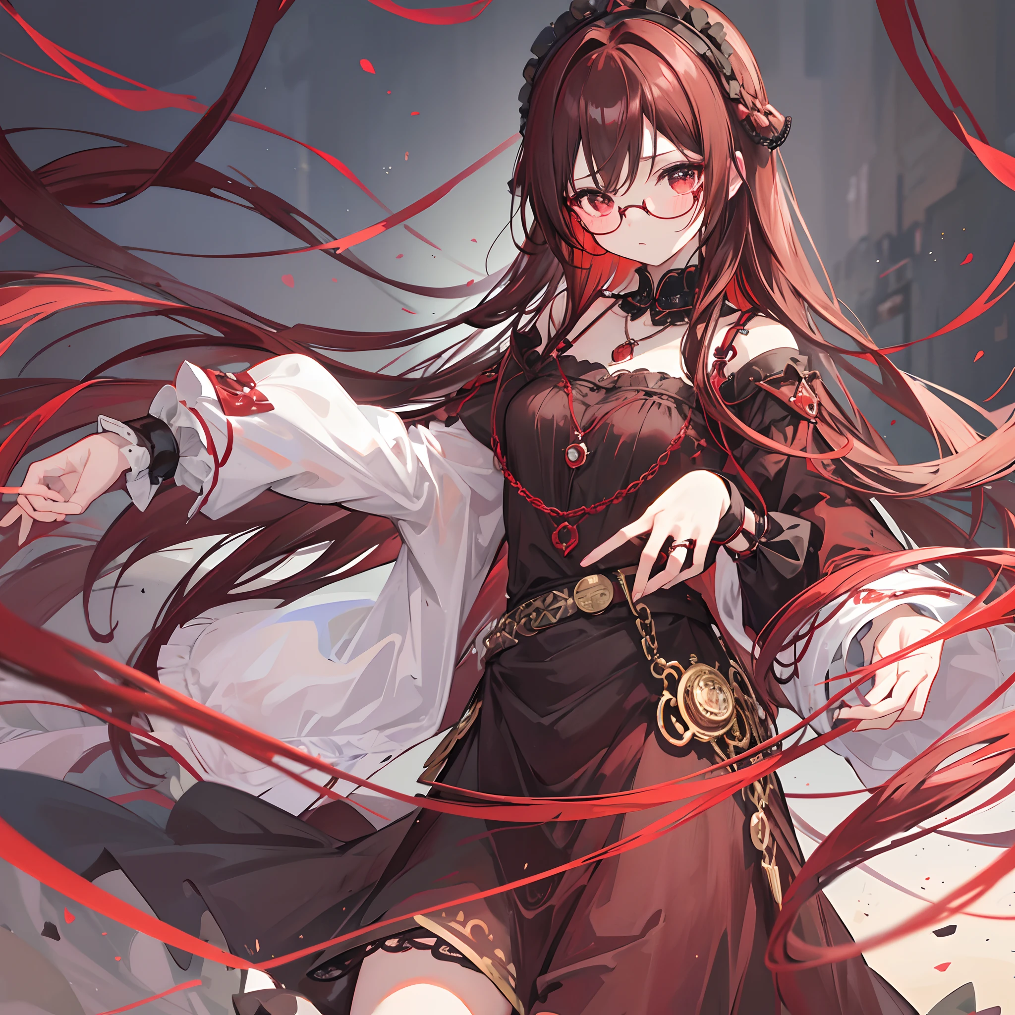 Reddish brown braided hair,With thick black-framed glasses,The eyes are very affectionate,With a cute black ring necklace,Lolita clothes in brown and red colors,The face is shiny and super tender,is a ite cute liteet girl