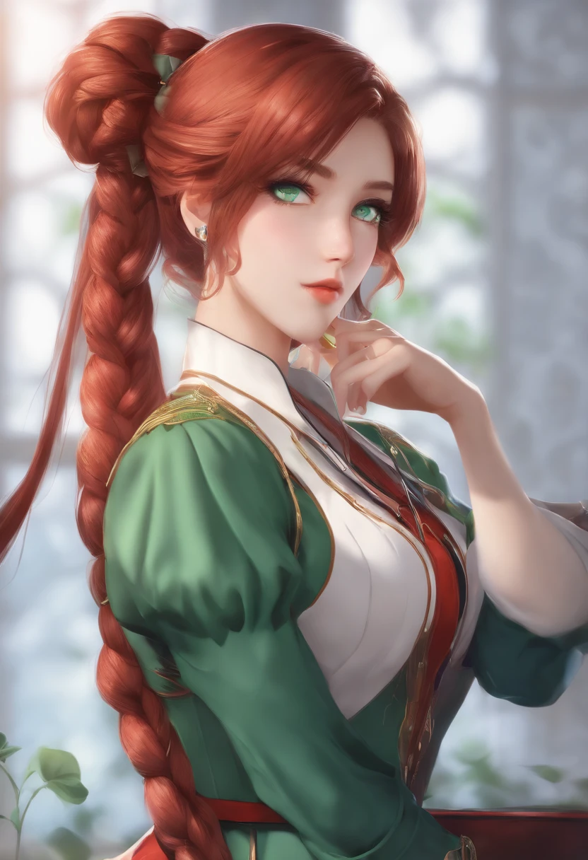 anime big breast, has cleavage, A closeup of a woman ((red braided low ponytail hair)) and (((the most beautiful green eyes))) In (((blue attire))), (((Determined)), 8K, Unreal Engine 5, rendering by octane, author：Kyun, gamang, Yoon Gon-Ji, G.ho, gosonjak, shuroop, Serious, domi, noah, trending on pixiv, fanbox, skeb, Masterpiece, Detailed face, smooth soft skin, Fantastic Big Eyes, beautiful intricate colored hair, Symmetrical, anime wide eyes, Soft lighting, concept-art, Digital painting,