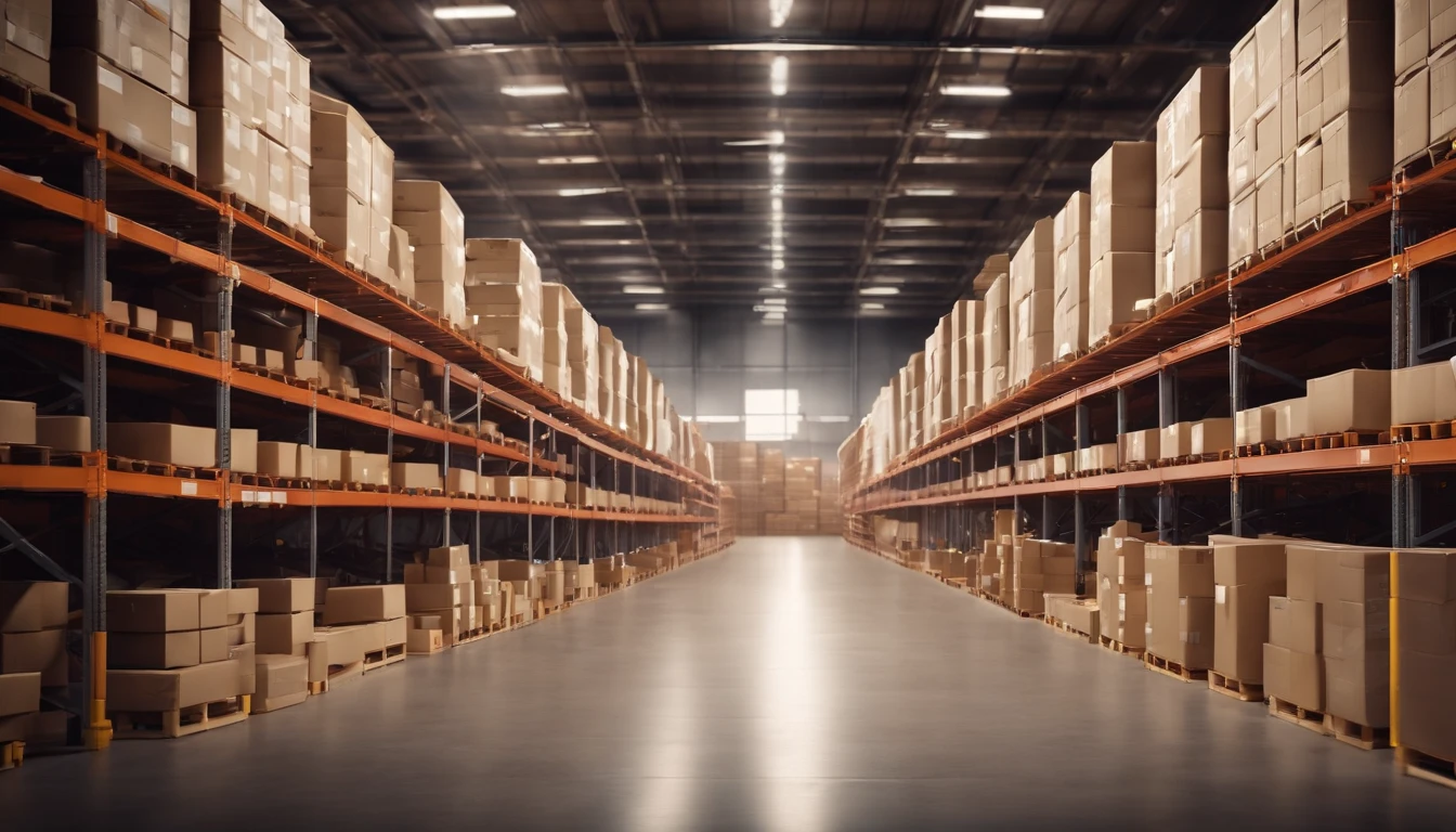 A large warehouse with numerous items. Rows of shelves with boxes. Logistics. Inventory control, order fulfillment or space optimization. Illustration for advertising, marketing or presentation
