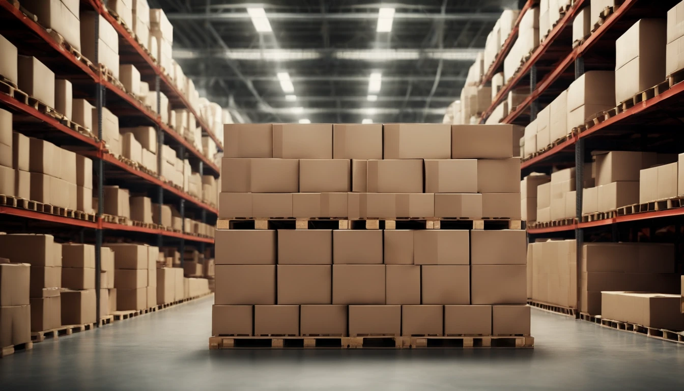 A large warehouse with numerous items. Rows of shelves with boxes. Logistics. Inventory control, order fulfillment or space optimization. Illustration for advertising, marketing or presentation