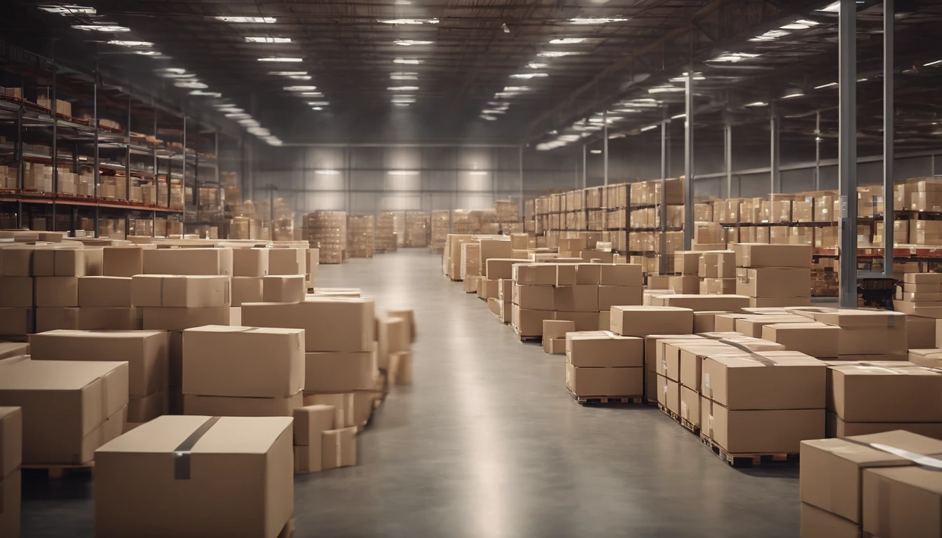 A large warehouse with numerous items. Rows of shelves with boxes. Logistics. Inventory control, order fulfillment or space optimization. Illustration for advertising, marketing or presentation