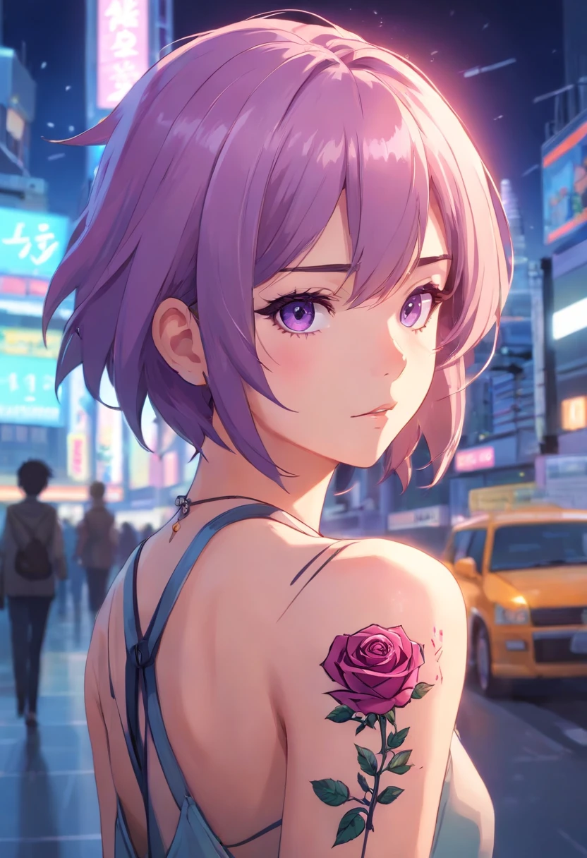 anime girl with a unique and memorable appearance. She has short, spiky lavender hair that gives her a somewhat rebellious look. Her eyes are a captivating shade of amethyst, often sparkling with curiosity. Mei's style is a mix of alternative and gothic fashion, with plenty of leather, dark colors, and punk accessories. She has a small tattoo of a rose on her right forearm. nude