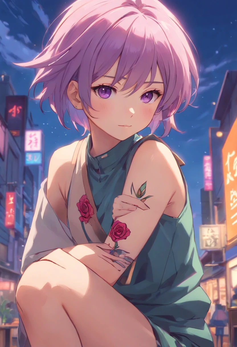 anime girl with a unique and memorable appearance. She has short, spiky lavender hair that gives her a somewhat rebellious look. Her eyes are a captivating shade of amethyst, often sparkling with curiosity. Mei's style is a mix of alternative and gothic fashion, with plenty of leather, dark colors, and punk accessories. She has a small tattoo of a rose on her right forearm. nude
