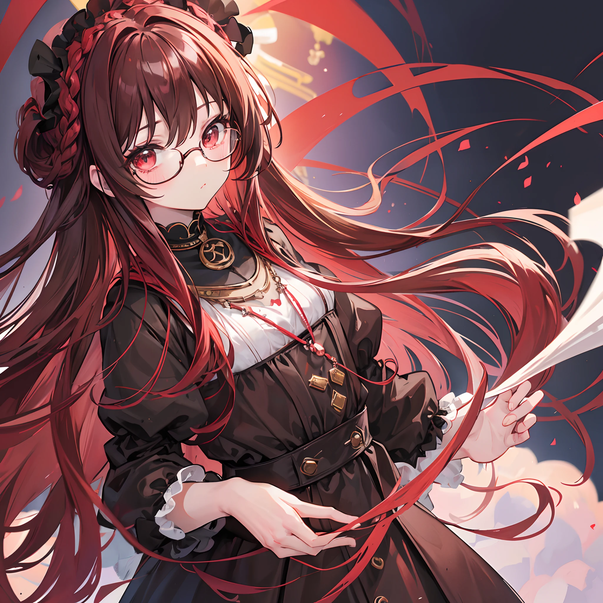 Reddish brown braided hair,With thick black-framed glasses,The eyes are very affectionate,With a cute black ring necklace,Lolita clothes in brown and red colors,The face is shiny and super tender,is a petite cute little sweet girl