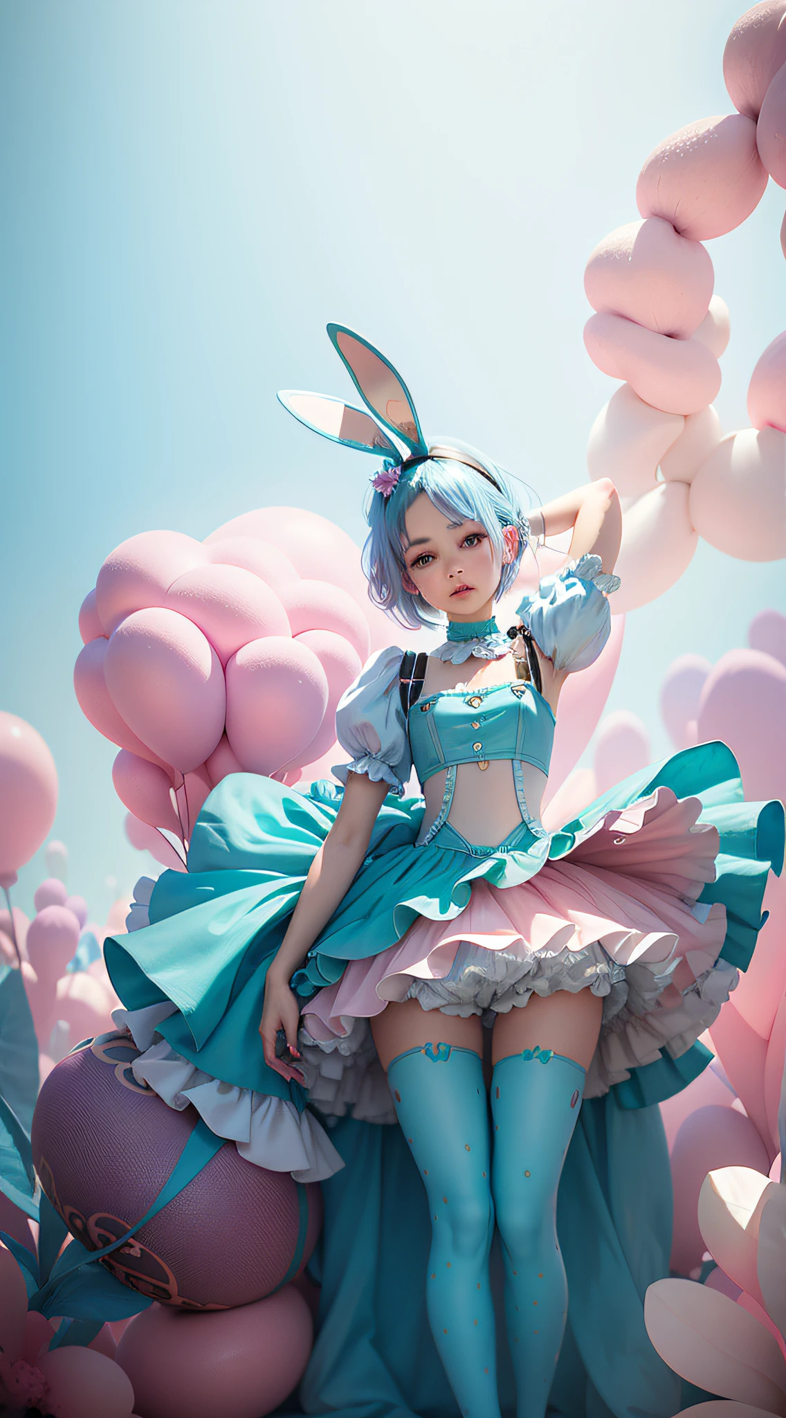 A girl, Tiffni blue hair, Tiffni blue hair, short hair, (with metallic rabbit ears headband: 1.2), full body, (delicate features: 1.5), wearing a dreamy surrealist created skirt, the color of the skirt is Tiffni blue and pink gradient, surrounded by pink marshmallow like coral, dancing above a few pink dotted with black butterflies, the overall environmental tone is Tiffni color, surrealist style, art photo, Wonderland, Tiffni's Dream, pastel dream,