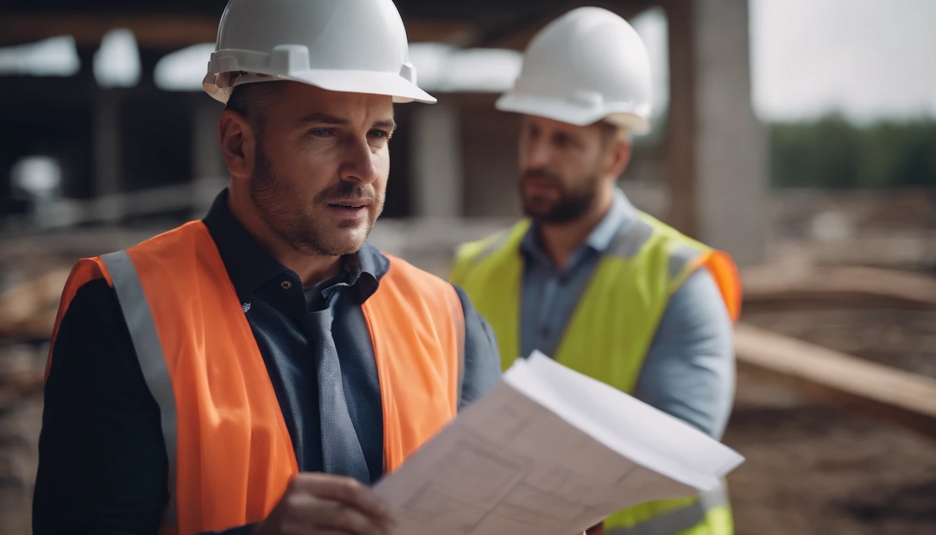 Construction manager talking about architectural plan at construction site