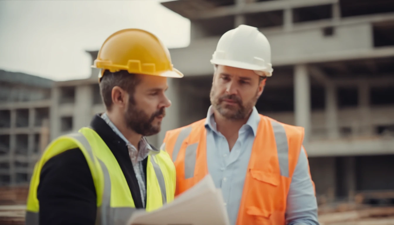 Construction manager talking about architectural plan at construction site