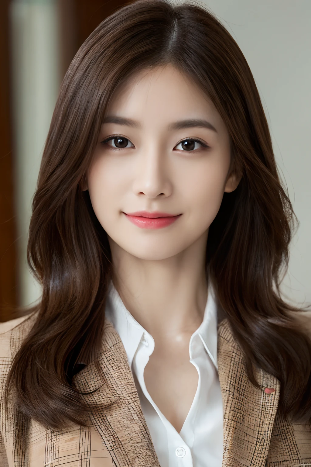 masutepiece, Best Quality, Photorealistic, Ultra-detailed, finely detail, High resolution, 8K Wallpaper, 1 beautiful woman,, light brown messy hair, in a business suit, foco nítido, Perfect dynamic composition, Beautiful detailed eyes, detailed hairs, Detailed realistic skin texture, Smiling, Close-up portrait, Model body type
