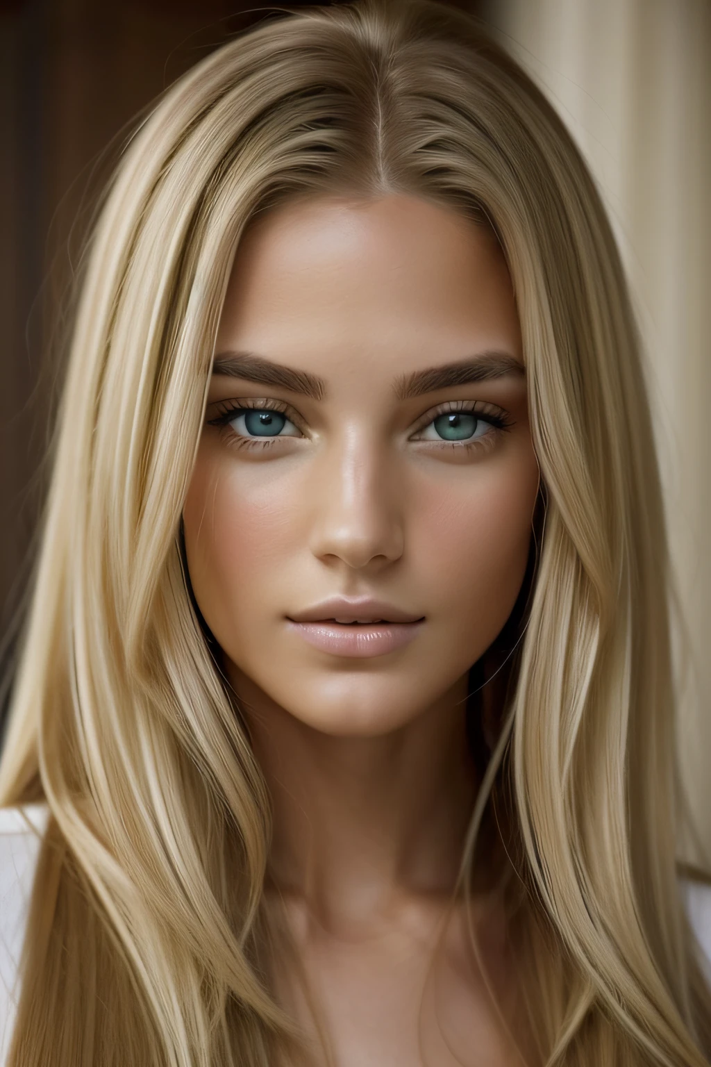 A realistic portrait of a woman with long hair, peau olive impeccable, Beau visage latin, beau visage attrayant, Beau visage attrayant, attractive female face!!!, Visage et yeux parfaits, extremely beautiful face, Beaux yeux et visage, beautiful feminine face, yeux vert clair, Attractive eyes and face, Beaux yeux verts, Cheveux blonds, cheveux blond platine