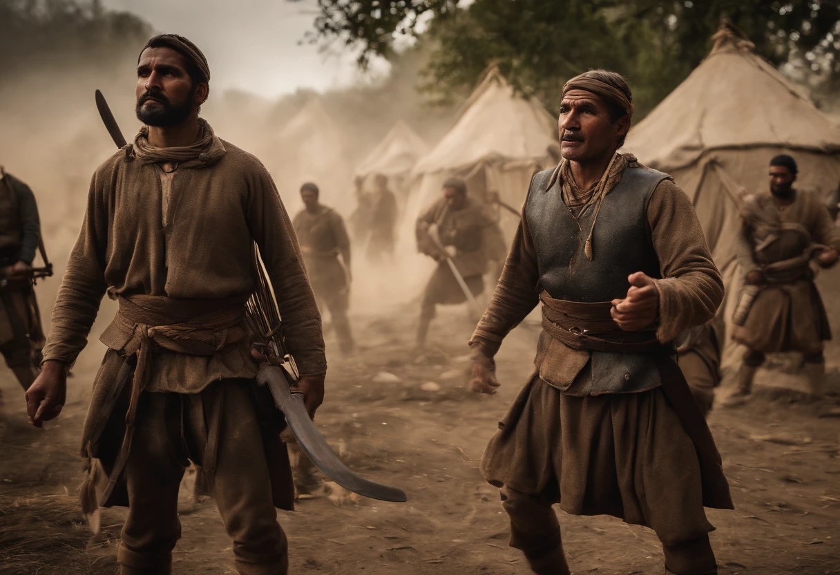 Imagine a striking scene where the Bara warriors, des hommes fiers et forts, reviennent victorieux d'une bataille avec un village voisin. Ils entrent dans leur propre village, Eyes shining with determination and success. Certains portent des lances, symboles de leur bravoure au combat, tandis que d'autres tiennent des fusils artisanaux, a representation of their adaptation to changing times.

At the heart of this scene, les guerriers Bara captifs du village ennemi sont clairement mis en avant. They are tied up, marquant leur statut de prisonniers de guerre. Their faces express resignation, frustration and helplessness in the face of their situation. They wear torn clothes, Marks of the battle they fought.

The Bara warriors demonstrate their triumph by exhibiting these defeated captives. The stage is animated by an intense energy, mixing the pride of the Bara and the helplessness of the prisoners. sunlight, symbolisant la victoire, casts striking shadows on this scene, adding to the intensity of the moment.

The inhabitants of the village Bara observe this triumphant arrival, A mixture of respect for their warriors and understanding of the reality of war. Some express emotions mixed with satisfaction and compassion for prisoners, recognizing the duality of circumstances.

The objective of this scene is to capture the complexity of emotions and realities in a context of war., highlighting the harshness of victory and its human implications.