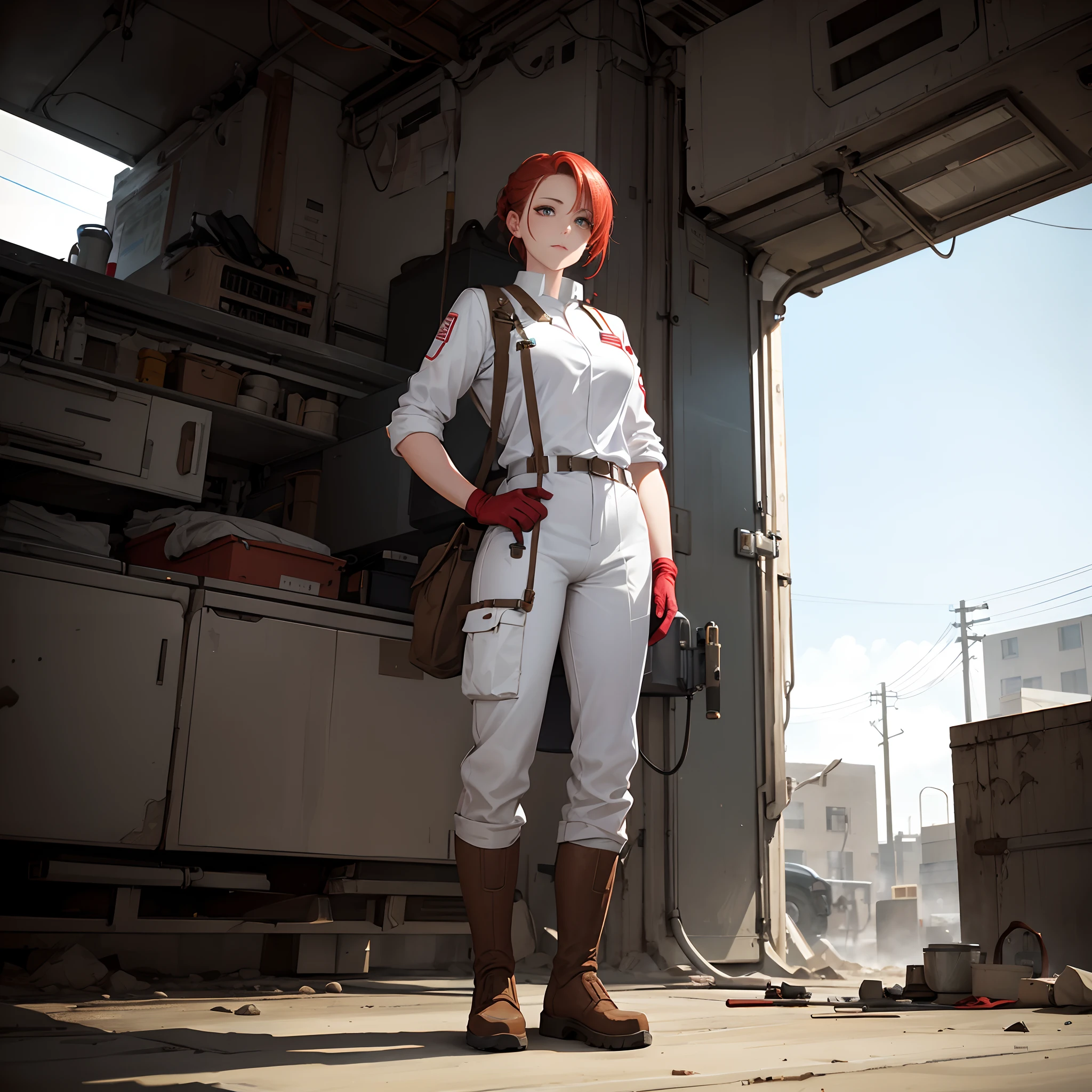 full body shot, a medic woman in white lab_coat, medical gloves, (brown pants:1.2), rubber boots, red hair, thoughtful face, postapocalyptic art, character design, medical truck in the background