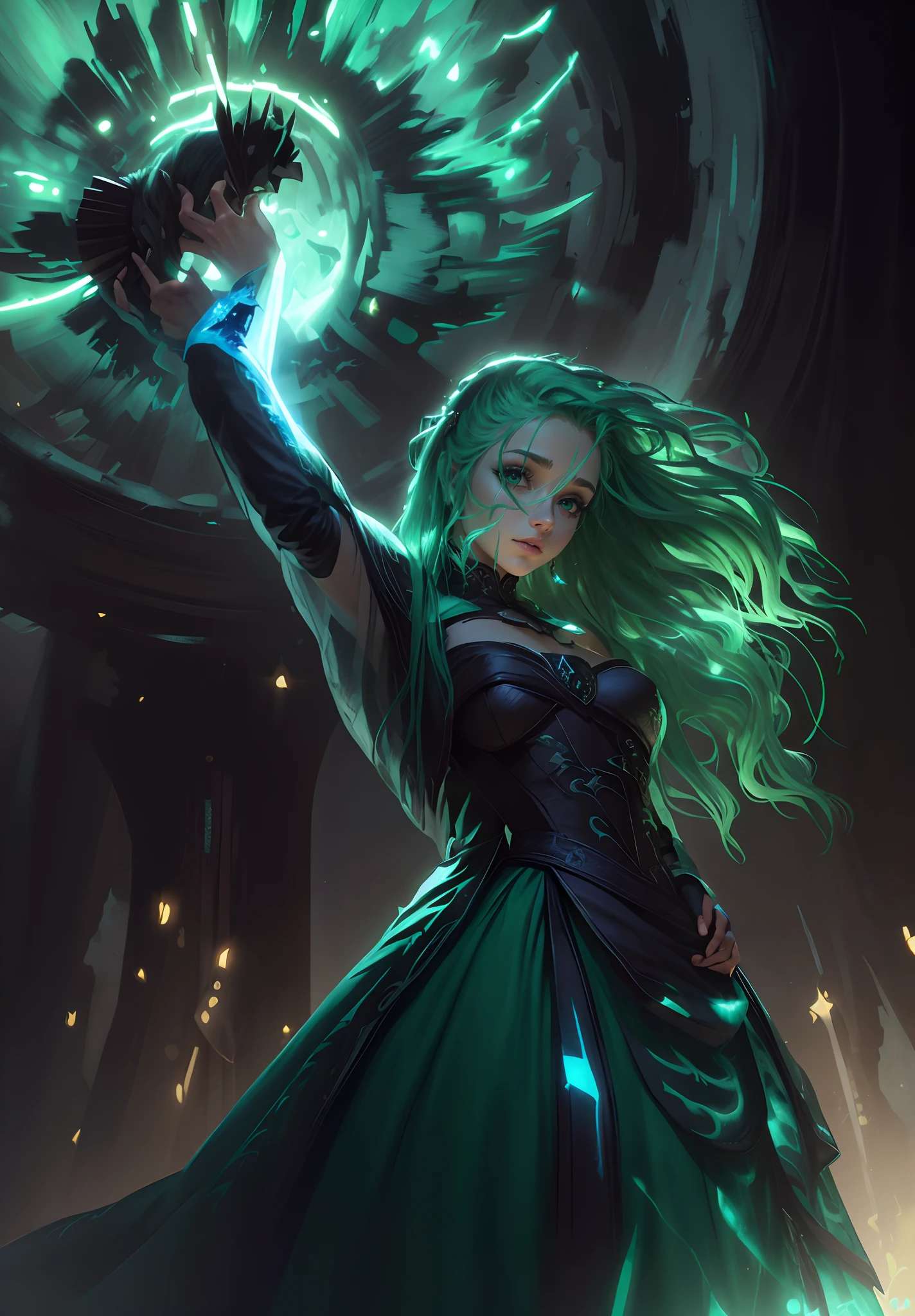 Por ser de filme/livro de fantasia, garota de vestido preto e cabelo verde, sombras por toda parte, cabelo verde, Stakes driven into the ground, poder, estrela, spark, fogo