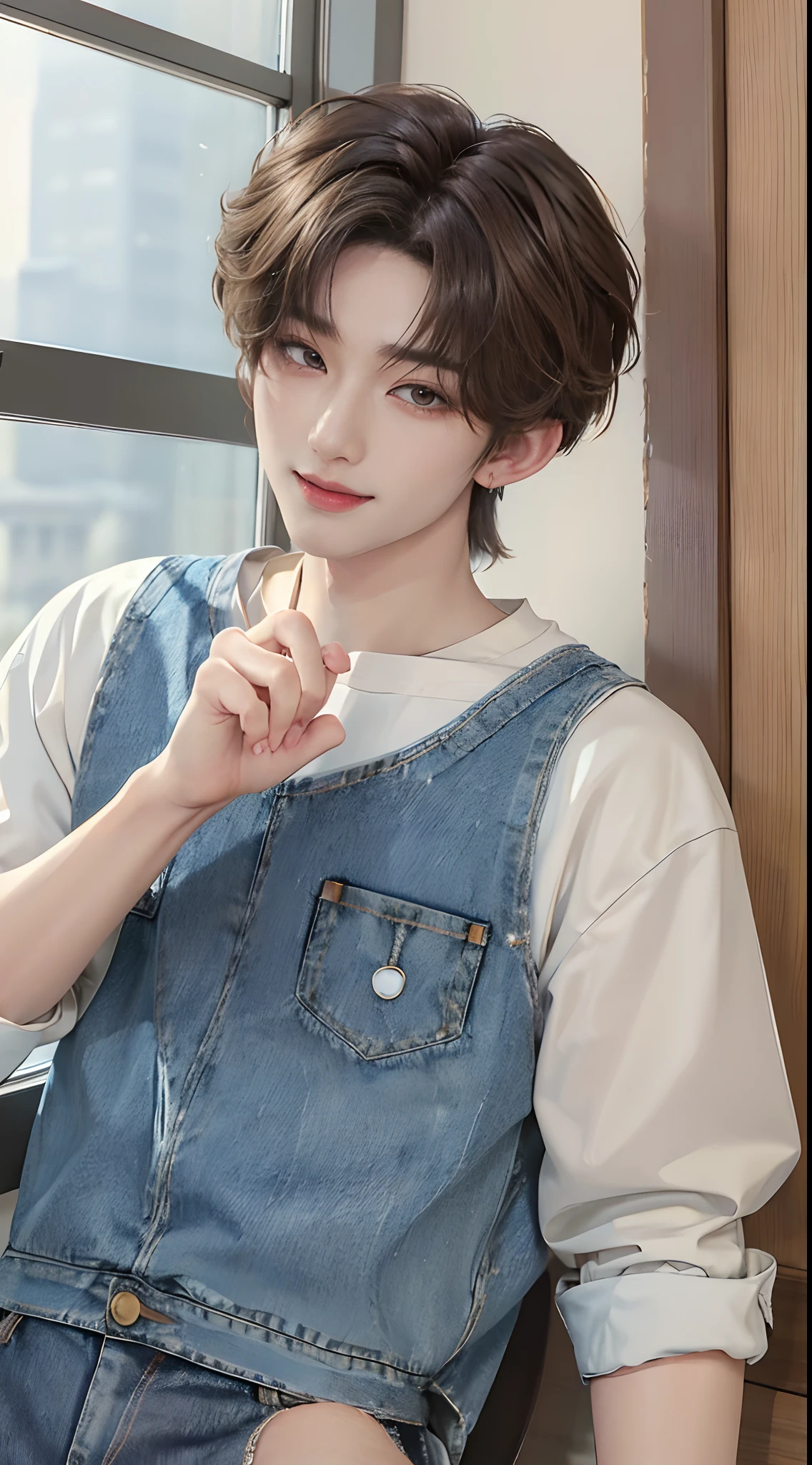 ((4K works))、masterpiece、(top-quality)、((high-level image quality))、((One Manly Boy))、Slim body、((Jeans Fashion))、(Detailed beautiful eyes)、window、Face similar to Chaewon in Ruseraphim、((short hair above the ears))、((Smaller face))、((Neutral face))、((Light brown eyes))、((Korean boy))、((18year old))、((Handsome man))、((Smiling expression))、((Korean Makeup))、((elongated and sharp eyes))、((photo of a model))、Professional Photos、((Shot alone))、((Upper body photography))、((model poses))