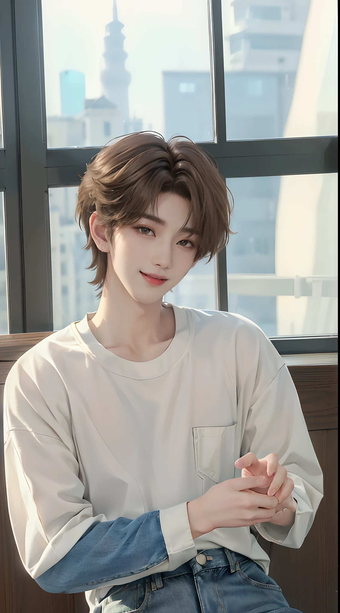 ((4K works))、​masterpiece、（top-quality)、((high-level image quality))、((One Manly Boy))、Slim body、((Jeans Fashion))、(Detailed beautiful eyes)、window、Face similar to Chaewon in Ruseraphim、((short hair above the ears))、((Smaller face))、((Neutral face))、((Light brown eyes))、((Korean boy))、((18year old))、((Handsome man))、((Smiling expression))、((Korean Makeup))、((elongated and sharp eyes))、((photo of a model))、Professional Photos、((Shot alone))、((Upper body photography))、((model poses))