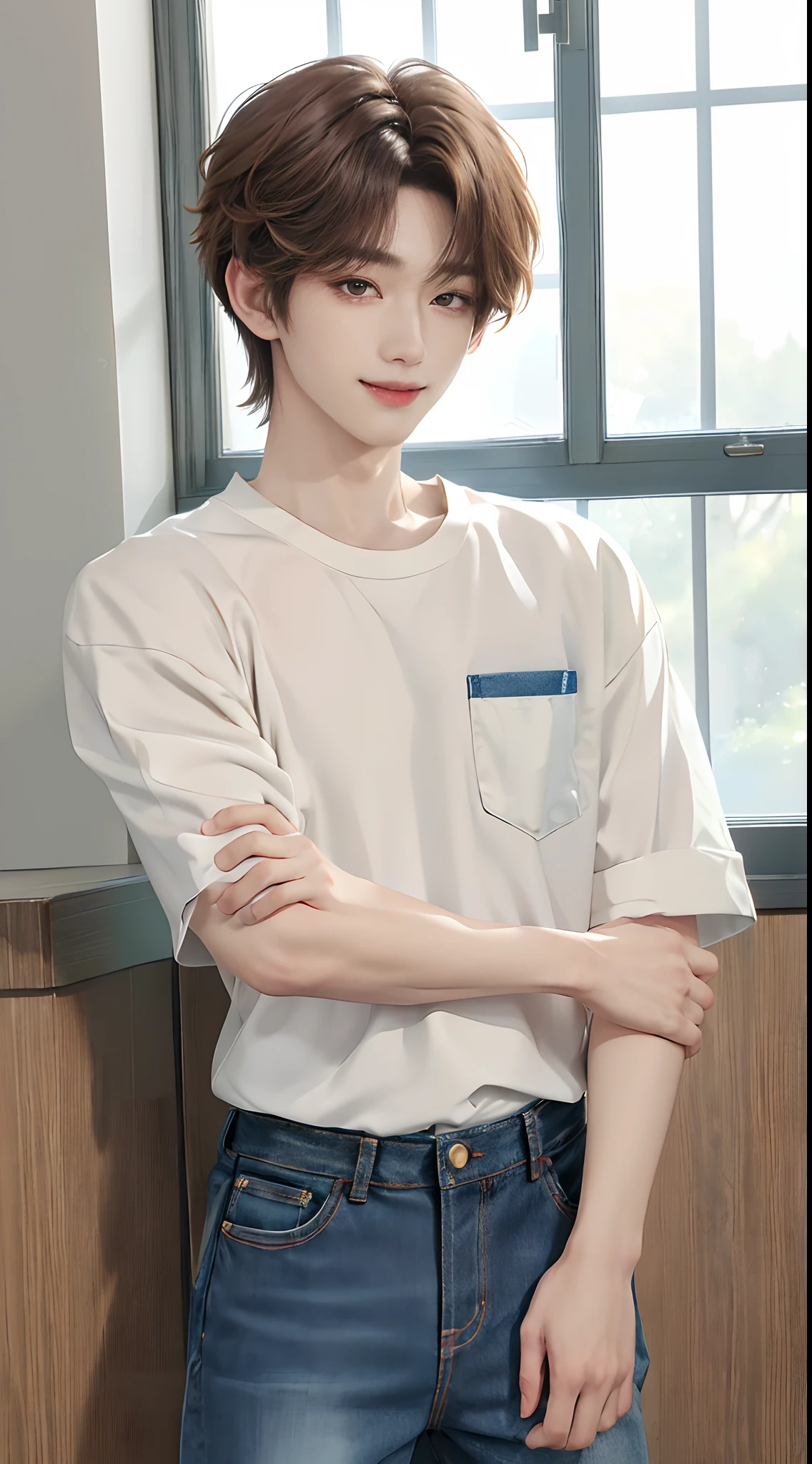 ((4K works))、​masterpiece、（top-quality)、((high-level image quality))、((One Manly Boy))、Slim body、((Jeans Fashion))、(Detailed beautiful eyes)、window、Face similar to Chaewon in Ruseraphim、((short hair above the ears))、((Smaller face))、((Neutral face))、((Light brown eyes))、((Korean boy))、((18year old))、((Handsome man))、((Smiling expression))、((Korean Makeup))、((elongated and sharp eyes))、((photo of a model))、Professional Photos、((Shot alone))、((Upper body photography))、((model poses))