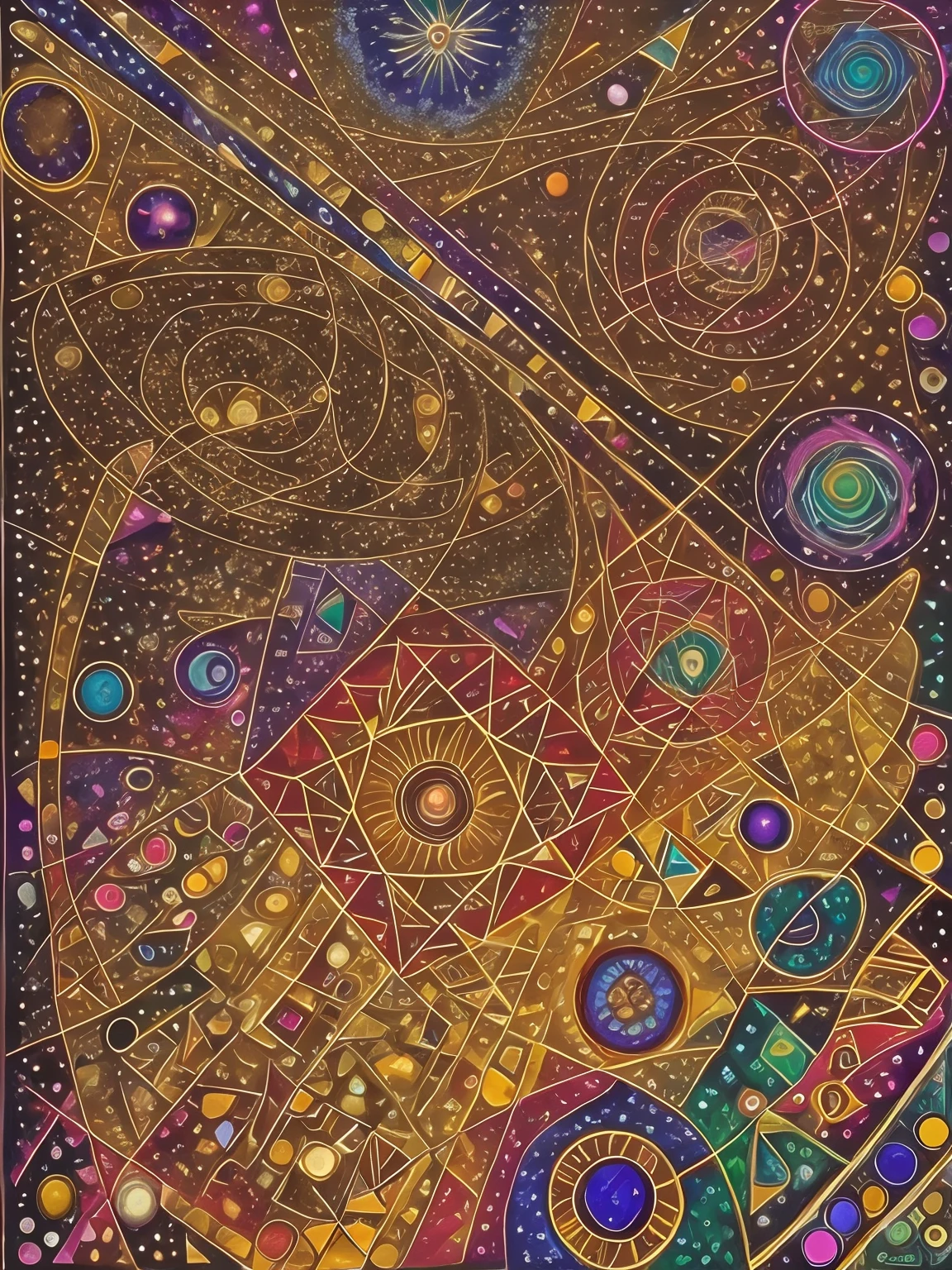Photography HD paint of subtle energies that connects everything in the universe, warmhole and radhiestesia symbols emitter pointillism technique with triangular geometric electronic circuits pattern, the painting is Kandinsky style Brown gamma color and gold --auto --s2