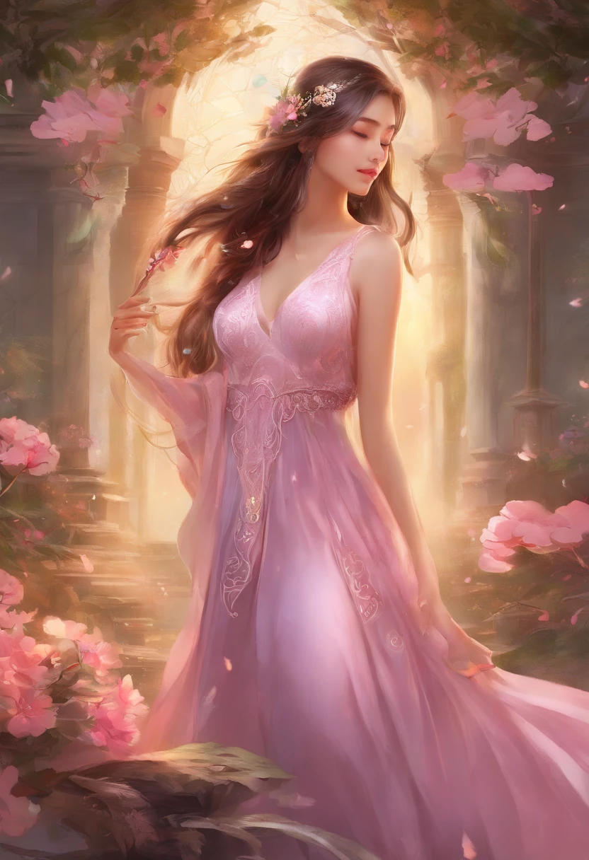 Sleeping young woman,Exquisite facial features,年轻,Asian face,32 years old,realisticlying,She was wearing pink pajamas,Large breasts,big assa,brown hair。