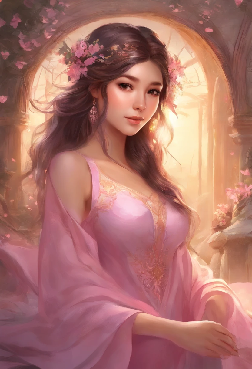 Sleeping young woman，Exquisite facial features，年轻，Asian face，32 years old，realisticlying，She was wearing pink pajamas，Large breasts，big assa，brown  hair。