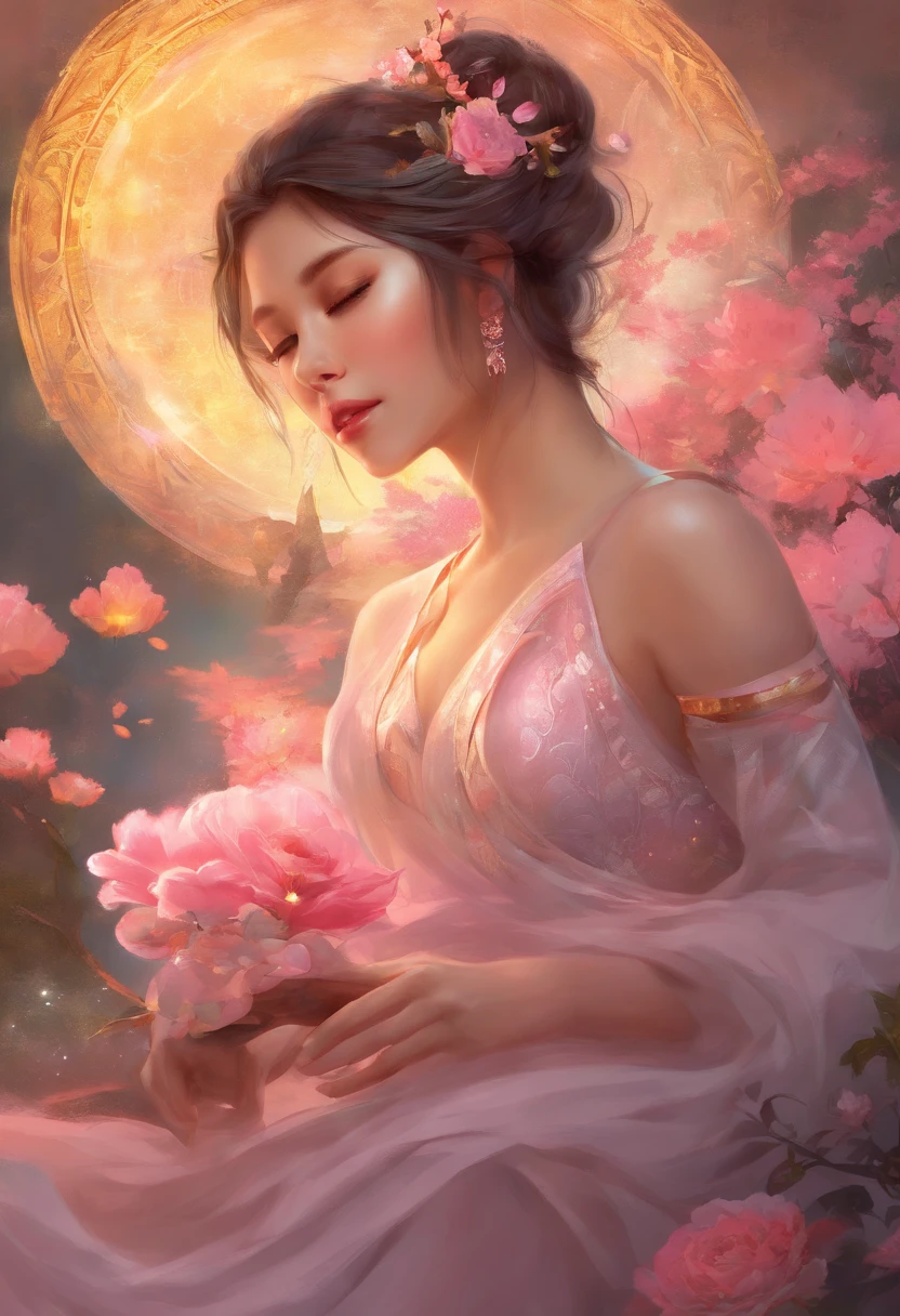 Sleeping young woman,Exquisite facial features,年轻,Asian face,32 years old,realisticlying,She was wearing pink pajamas,Large breasts,big assa,brown hair。