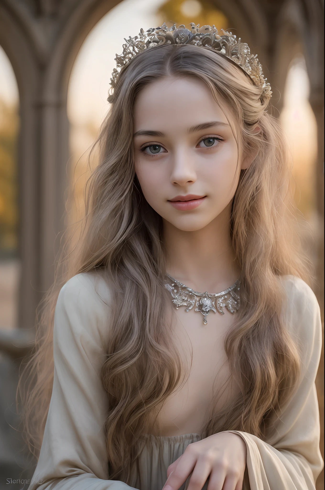 A woman with long hair wearing a tia and a dress - SeaArt AI