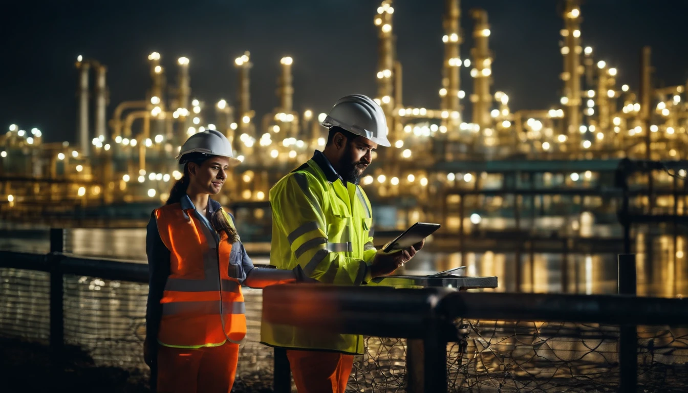 Engineer wear uniform and helmet stand workplace hand holding tablet and laptop computer, survey inspection team work plant site to work with night lights oil refinery background