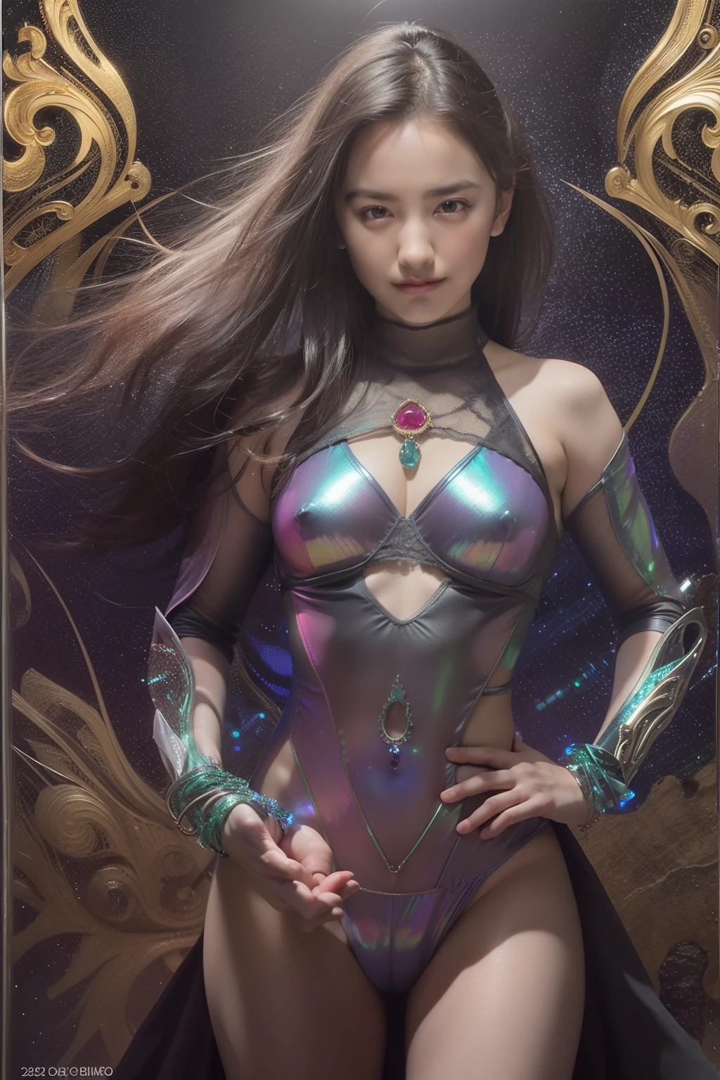 (Detailed iridescent bodysuit with beautiful fractal or marble design:1.5), (Beautiful and d delicate ruby, topaz, emerald and sapphire jewelry:1.6), Complex and colorful biomechanical bodysuit, Zentangle, mandalas, Entangled, Vulgarity, beutiful breast, (Open legs:1.4), obscenity, (Lewd smile:1.2), coarse, Obscene, mean, (raunchy:1.2), (Immoral:1.2), Lachish, (small breasts with raised areolas,,,:1.6), (Cameltoe), (Expression of ecstasy:1.2), Photorealistic, Official art, Unity 8k wallpapr, 8K Portrait, Best Quality, Very high resolution, (Incredibly beautiful nature background:1.6), One girl, One beautiful age italian girl, (14 y), (Sexy and glamorous:1.1), (A coquettish expression:1.6), (seductively smiling:1.2), (Full body), (erotic posing:1.5), (Magic Attack Pose:1.6),(magical effects like sparkles or energy:1.5), (Electric shock from hands:1.1), Beautiful seductive face, Portrait, (Thick eyebrows:1.2), (Big purple eyes:1.2), Beautiful eyes with fine symmetry, (Ultra detailed eyes:1.4), (High resolution eyes:1.1), Intimate face, (ultra detailed skin texture:1.4), White skin, pale skin, Perfect Anatomy, Thin, (Beautiful toned body:1.1), Hair Bow, (Moist skin:1.1), full of sweat, No makeup, dark circles, Good anatomy, Focus Face, good-looking, (Emilia Clark:0.6) (Emma watson:0.3),(Jennifer Connelly:0.4), (sensual face:1.5), Elegant face, Nice, Dolce, Cyberpunk Sci-Fi, (Gauntlets with intricate and beautiful designs:1.2), Blurred background, Blurred foreground, depth of fields, (Motion Blur:1.1), (Small breasts:1.2), Sheer breast, (beautiful boob:1.2), (NSFW:1.2), large hips, drivel, Juice stain, grabbing on breasts, (Slim and toned body:1.5), (Low-cut punk medieval armor:1.2), (Bright chrome gold lingerie with sharp reflections:1.2) (Pedras preciosas:1.2)
