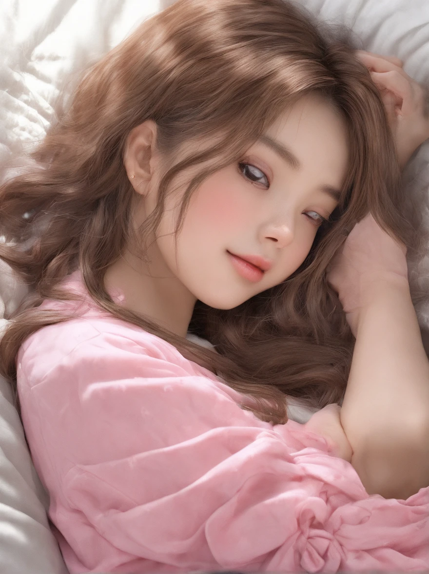 Sleeping young woman,Exquisite facial features,年轻,Asian face,32 years old,realisticlying,She was wearing pink pajamas,Large breasts,big assa,brown hair。