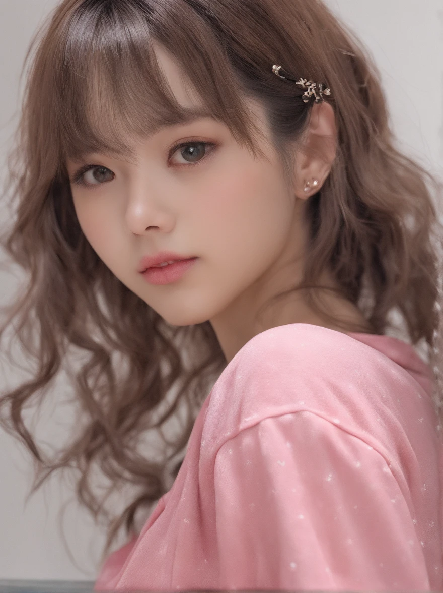 Sleeping young woman,Exquisite facial features,年轻,Asian face,32 years old,realisticlying,She was wearing pink pajamas,Large breasts,big assa,brown hair。