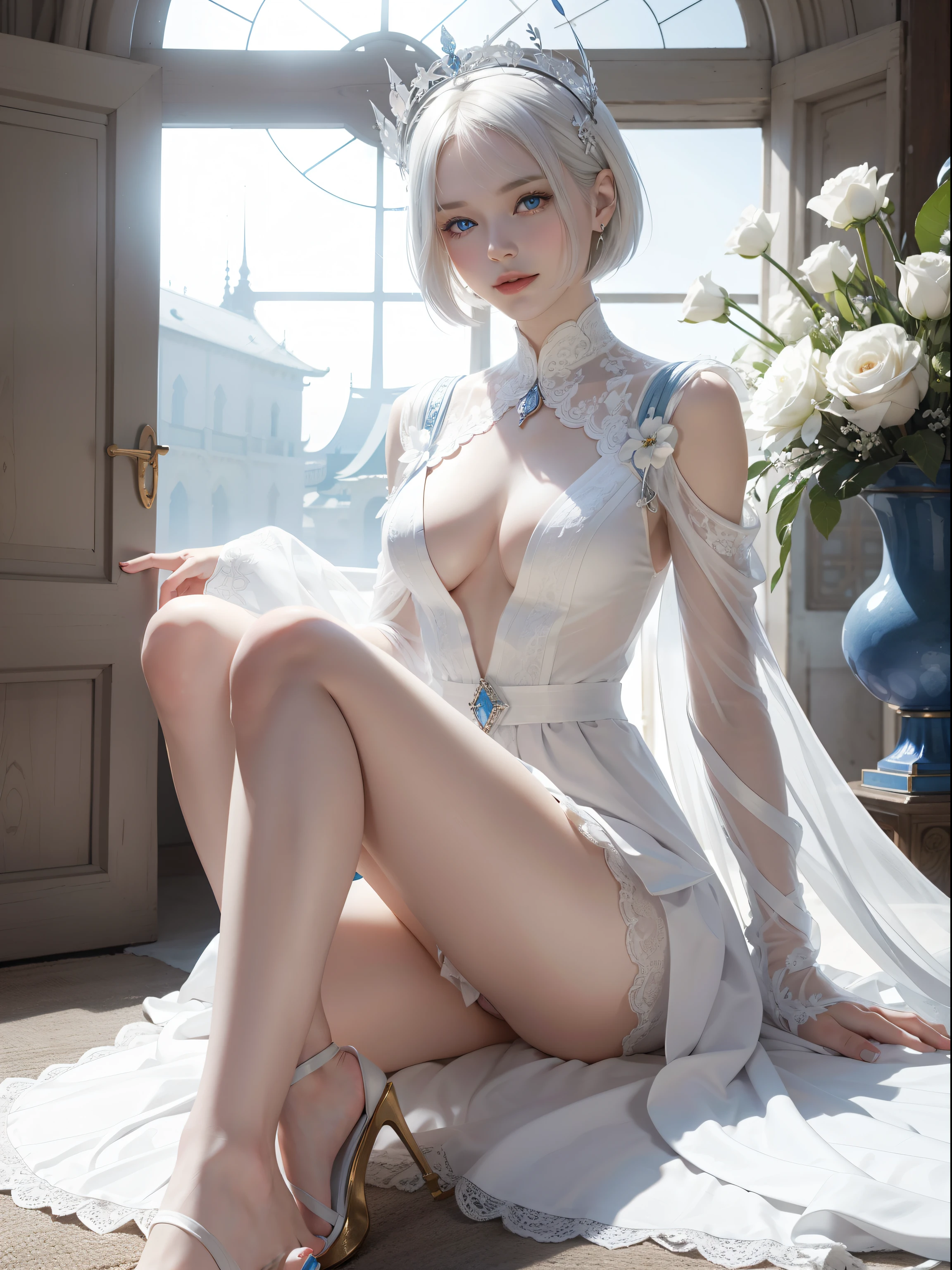 Palace of Heaven,White goddess blue eyes in human shape、beautiful body of a flower of a very attractive age with white pubic hair,,White Isekai Dress,short-hair,A smile,,Skinny Legs,