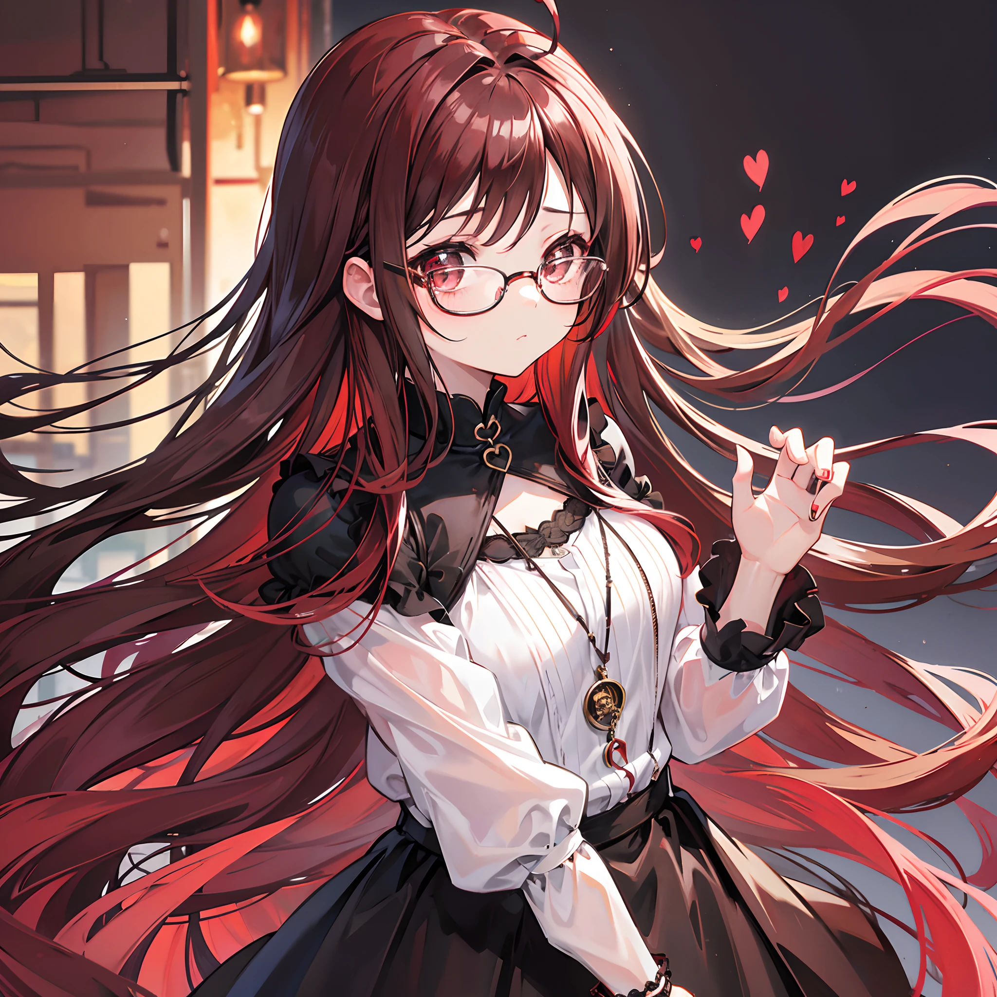 Reddish brown braided hair,With thick black-framed glasses,The eyes are very affectionate,With a cute black ring necklace,Lolita clothes in brown and red colors,The face is shiny and super tender,is a ite cute liteet girl