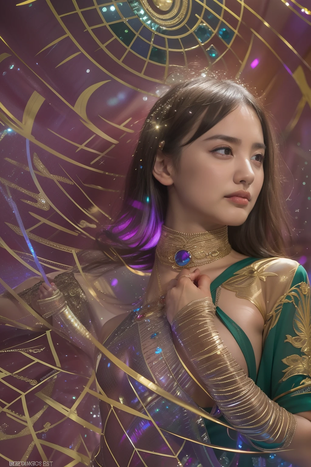 (Detailed iridescent bodysuit with beautiful fractal or marble design:1.5), (Beautiful and d delicate ruby, topaz, emerald and sapphire jewelry:1.6), Complex and colorful biomechanical bodysuit, Zentangle, mandalas, Entangled, Vulgarity, beutiful breast, (Open legs:1.4), obscenity, (Lewd smile:1.2), coarse, Obscene, mean, (raunchy:1.2), (Immoral:1.2), Lachish, (small breasts with raised areolas,,,:1.6), (Cameltoe), (Expression of ecstasy:1.2), Photorealistic, Official art, Unity 8k wallpapr, 8K Portrait, Best Quality, Very high resolution, (Incredibly beautiful nature background:1.6), One girl, One beautiful teenage italian girl, (:1.3), (Sexy and glamorous:1.1), (A coquettish expression:1.6), (seductively smiling:1.2), (Full body), (erotic posing:1.5), (Magic Attack Pose:1.6),(magical effects like sparkles or energy:1.5), (Electric shock from hands:1.1), Beautiful seductive face, Portrait, (Thick eyebrows:1.2), (Big purple eyes:1.2), Beautiful eyes with fine symmetry, (Ultra detailed eyes:1.4), (High resolution eyes:1.1), Intimate face, (ultra detailed skin texture:1.4), White skin, pale skin, Perfect Anatomy, Thin, (Beautiful toned body:1.1), Hair Bow, (Moist skin:1.1), full of sweat, No makeup, dark circles, Good anatomy, Focus Face, good-looking, (Emilia Clark:0.6) (Emma watson:0.3),(Jennifer Connelly:0.4), (sensual face:1.5), Elegant face, Nice, Dolce, Cyberpunk Sci-Fi, (Gauntlets with intricate and beautiful designs:1.2), Blurred background, Blurred foreground, depth of fields, (Motion Blur:1.1), (Small breasts:1.2), Sheer breast, (beautiful boob:1.2), (NSFW:1.2), large hips, drivel, Juice stain, grabbing on breasts, (Slim and toned body:1.5), (Low-cut punk medieval armor:1.2), (Bright chrome gold lingerie with sharp reflections:1.2) (Pedras preciosas:1.2)