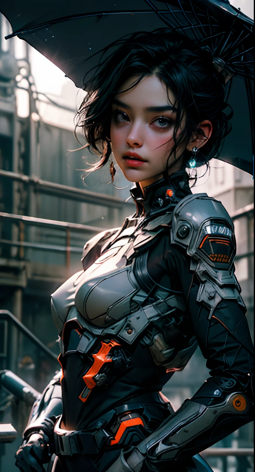 cgmech, beautiful eyes, upper body, underboob, portrait, robot,white orange armor, shimmering black hair, neon light, 8K, RAW, best quality, masterpiece, ultra high res, colorful, (medium wide shot), (dynamic perspective), sharp focus , (depth of field, bokeh:1.3), extremely detailed eyes and face, beautiful detailed eyes,large breasts,(black gold, trimmed gear:1.2),(In a futuristic weapons factory:1.2), ((masterpiece, best quality)), Detailed background, spaceship interior