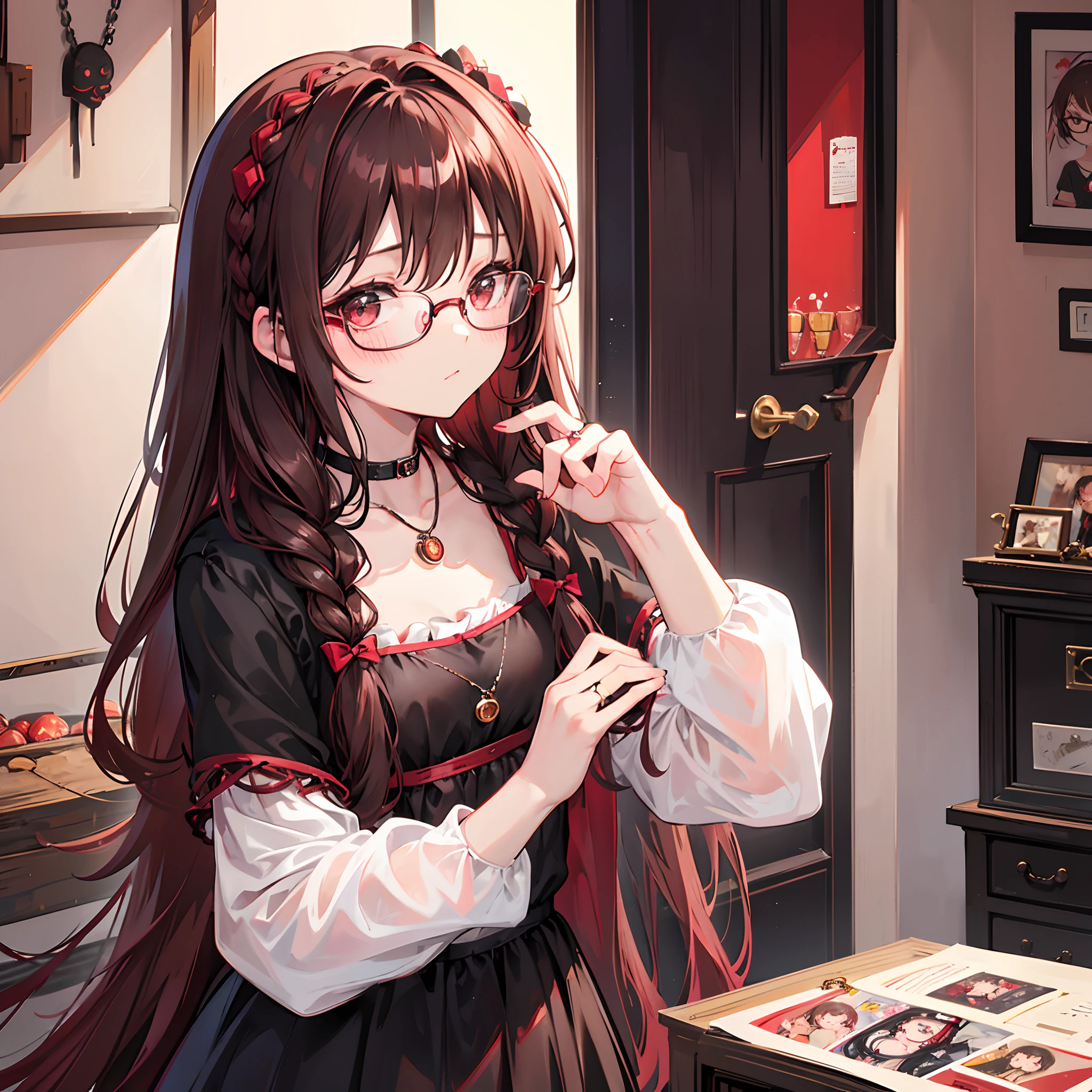 Reddish brown braided hair，With thick black-framed glasses，The eyes are very affectionate，With a cute black ring necklace，Lolita clothes in brown and red colors，The face is shiny and super tender，is a ite cute liteet girl